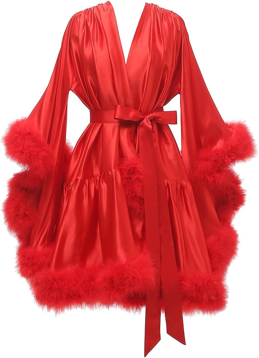 Yexinbridal Feather Fur Robe Silk Satin Bridal Dressing Gown Sexy Illusion Lingerie Nightgown Bathrobe Sleepwear