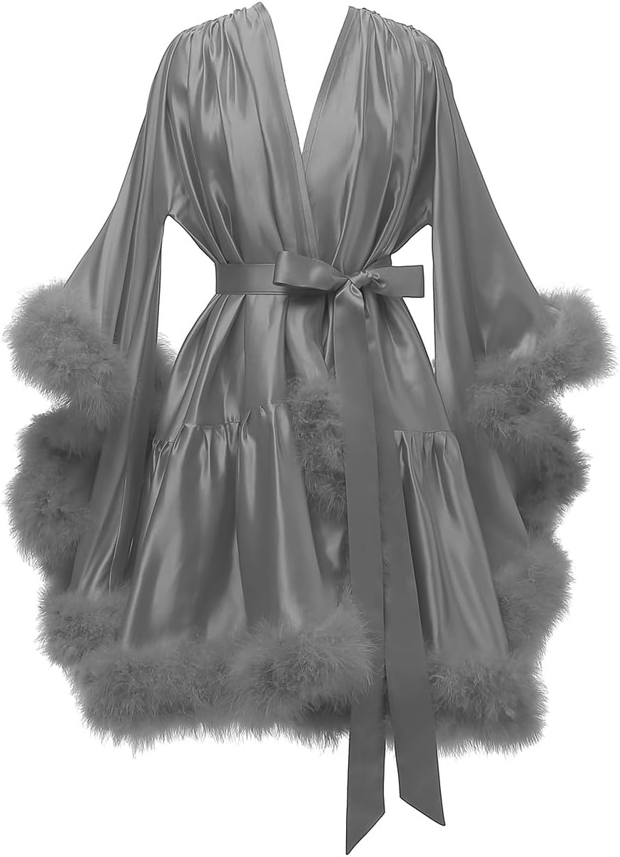 Yexinbridal Feather Fur Robe Silk Satin Bridal Dressing Gown Sexy Illusion Lingerie Nightgown Bathrobe Sleepwear