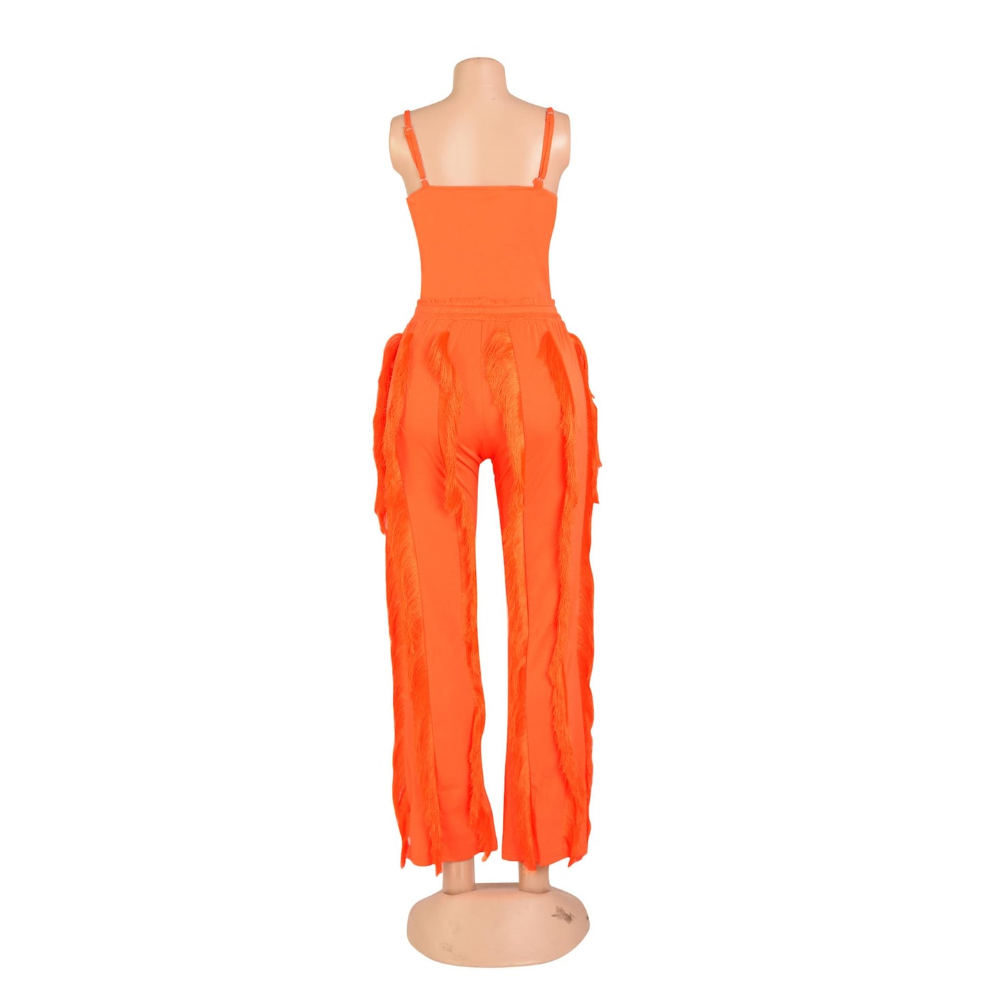PRIVIMIX Women 2 Piece Outfits Fringe Tassel Long Pants Set Adjustable Suspenders Bodysuit Spaghetti Strap Clubwear Jumpsuits