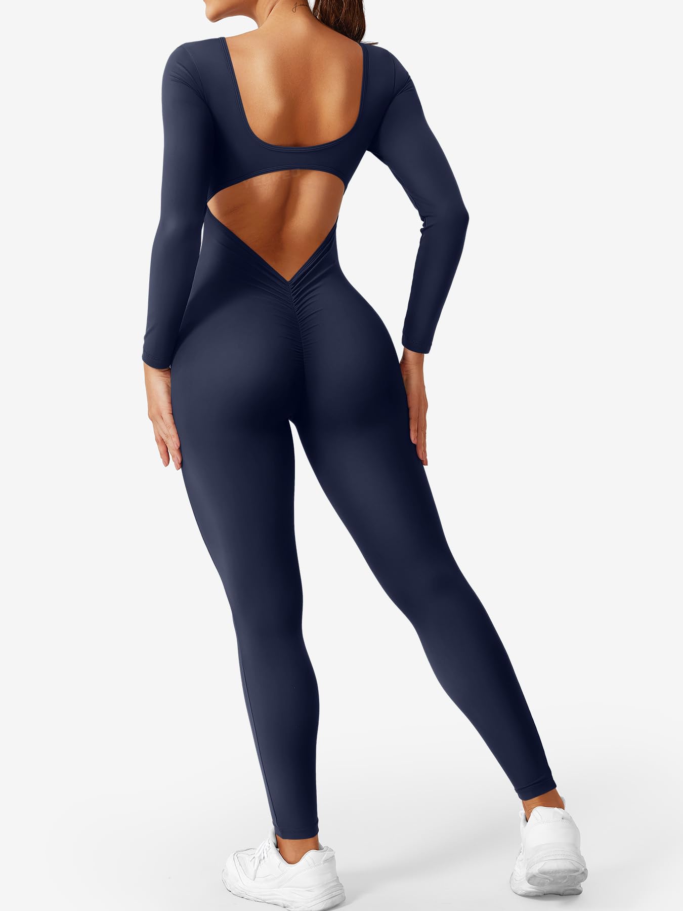 YEOREO Long Sleeve Jumpsuits for Women V Back Bodysuit Workout Full Length Bodycon Scrunch Leggings One Piece Romper