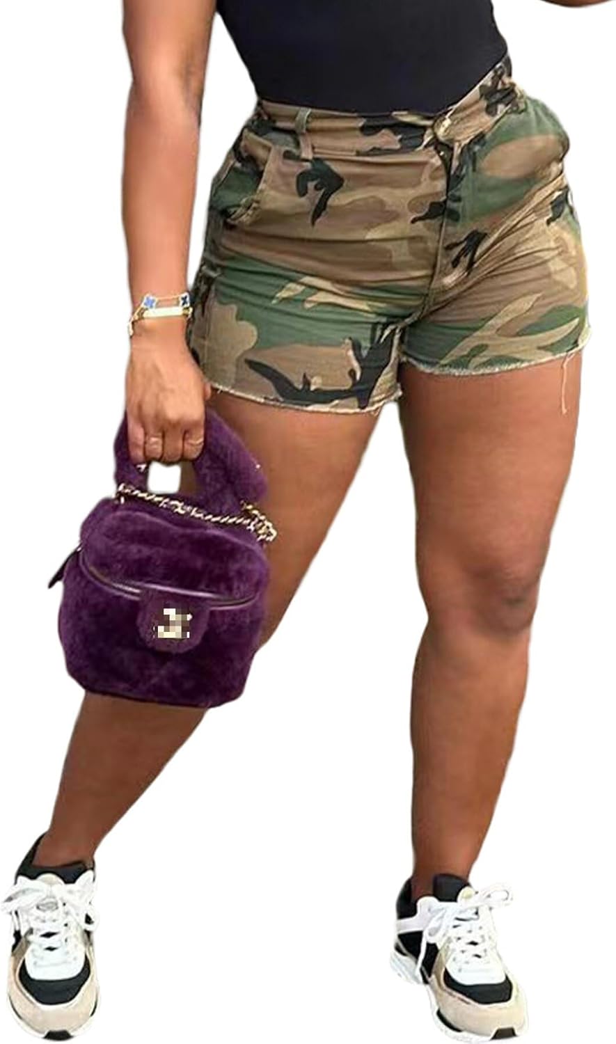 Seltaon Women’s Camo Cargo Shorts Casual High Waisted Ripped Frayed Camouflage Shorts Army Fatigue Shorts with Pockets