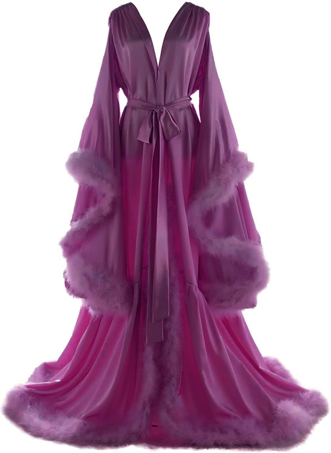 Women's Feather Bridal Robes Old Hollywood Maternity Photoshoot Nightgown Silk Bathrobe Long Lingerie