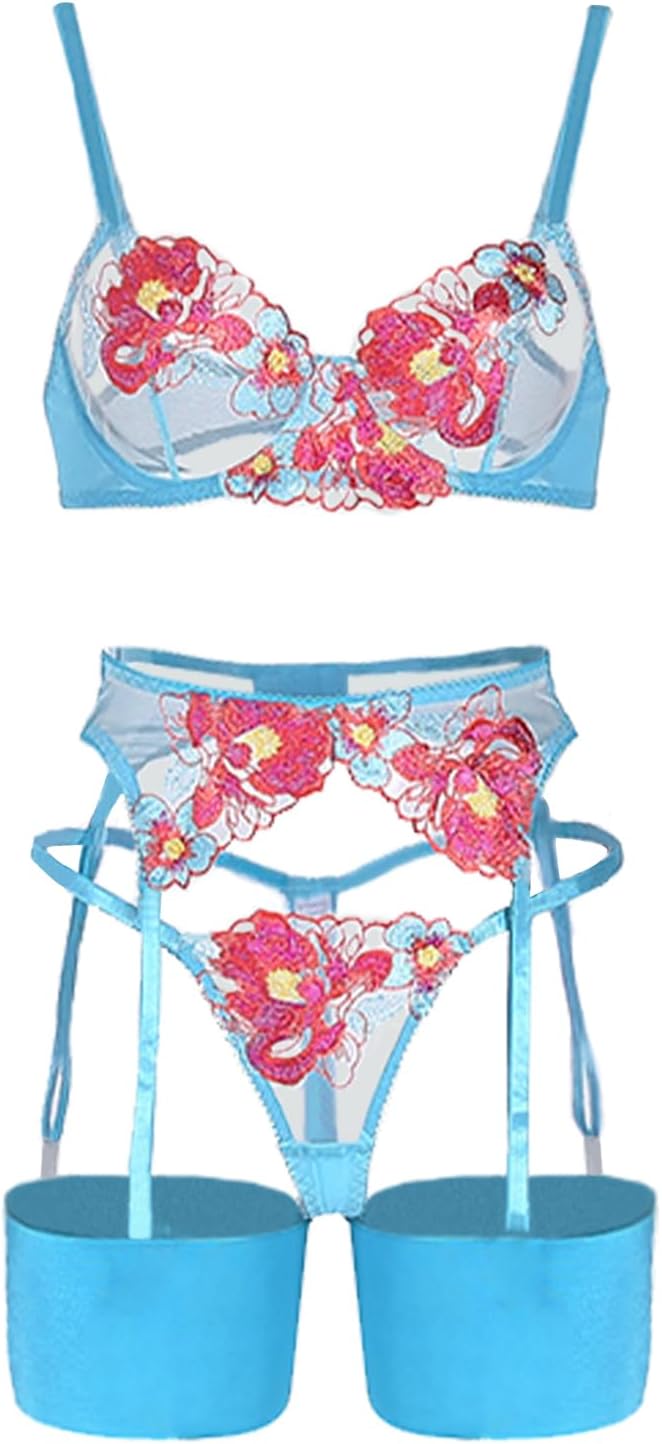 Lilosy Sexy Leaf Floral Embroidered Mesh Sheer Women Underwire Push Up Lingerie Set