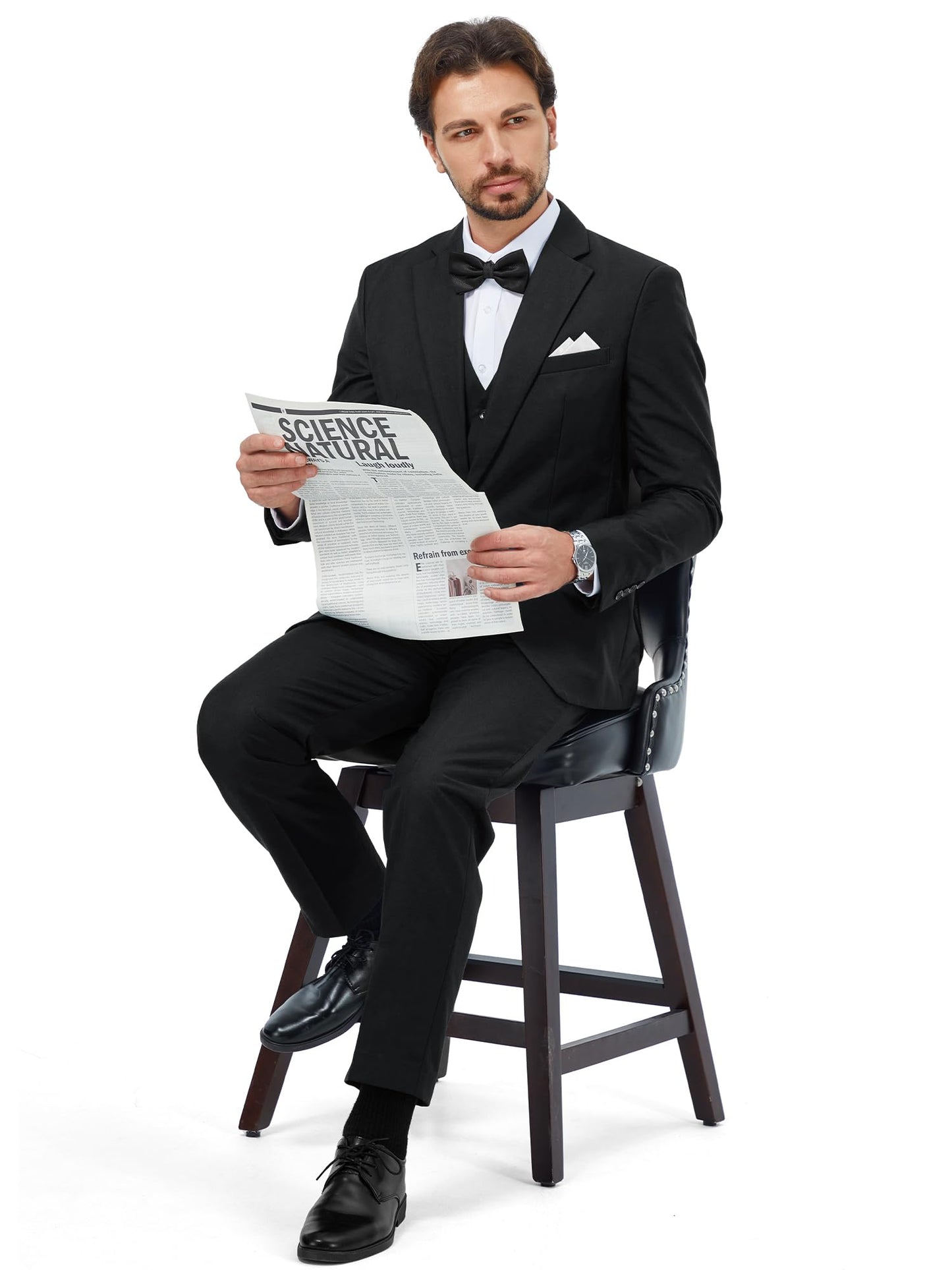 MAGE MALE Mens 3 Piece Suits Slim Fit Tuxedo Suit Set Soild Prom Wedding Suits One Button Blazer Vest Pants Set with Bow Tie