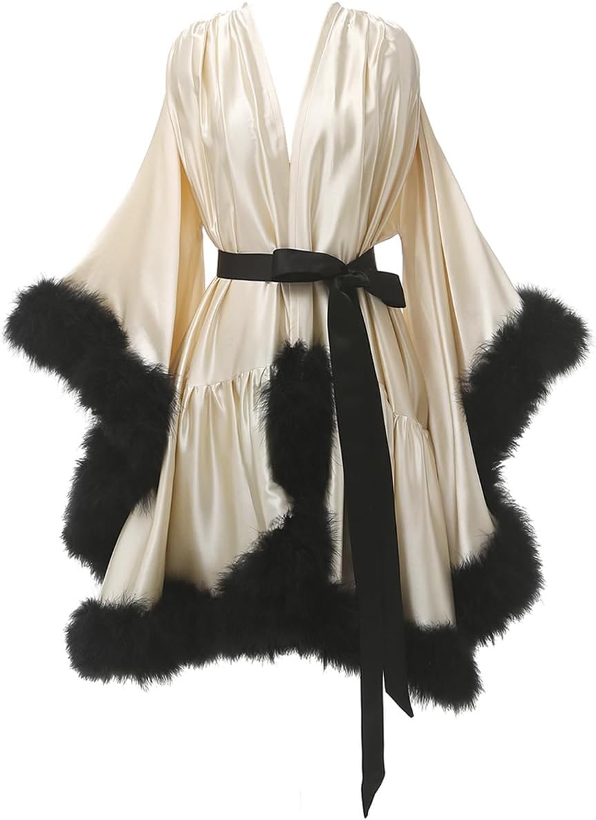 Yexinbridal Feather Fur Robe Silk Satin Bridal Dressing Gown Sexy Illusion Lingerie Nightgown Bathrobe Sleepwear