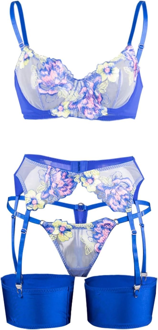 Lilosy Sexy Leaf Floral Embroidered Mesh Sheer Women Underwire Push Up Lingerie Set