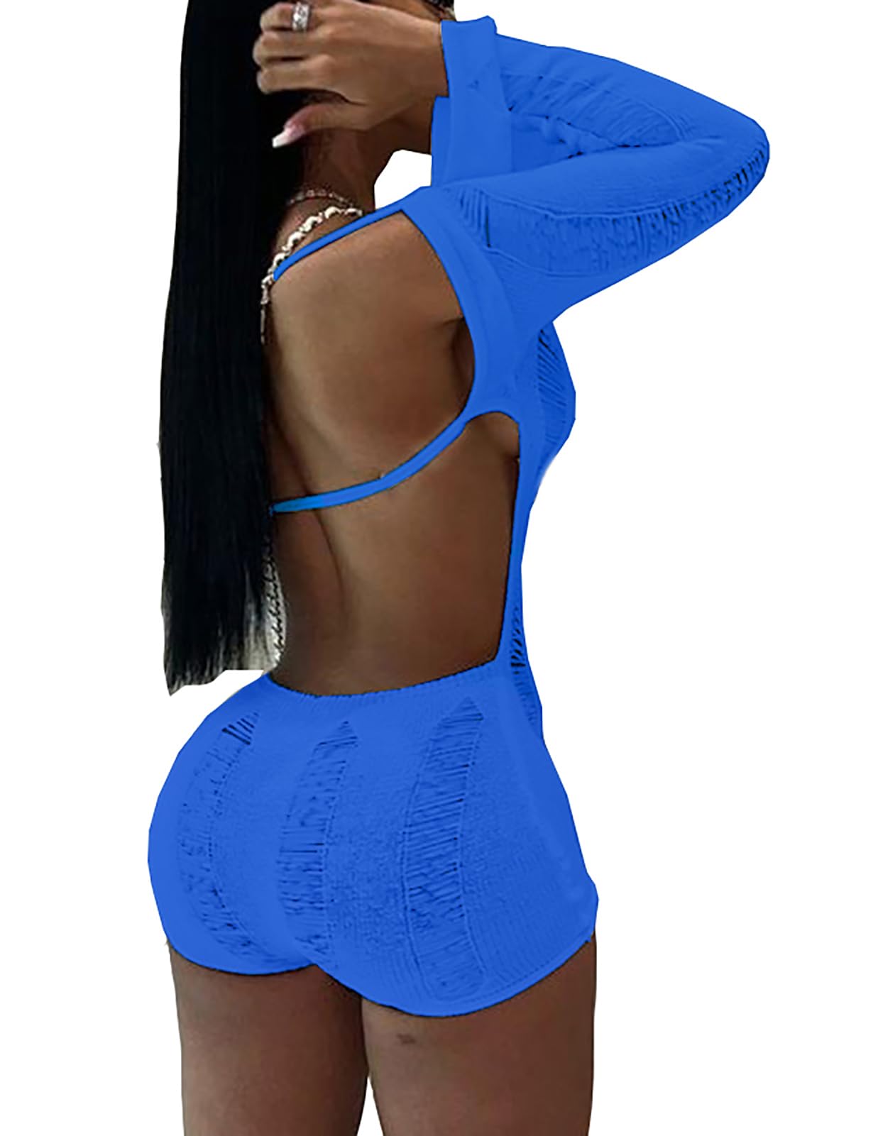 Women Sexy Off Shoulder Crochet Knitted Hollow Out Long Sleeve Romper Backless Bodycon Party Club Night Rompers