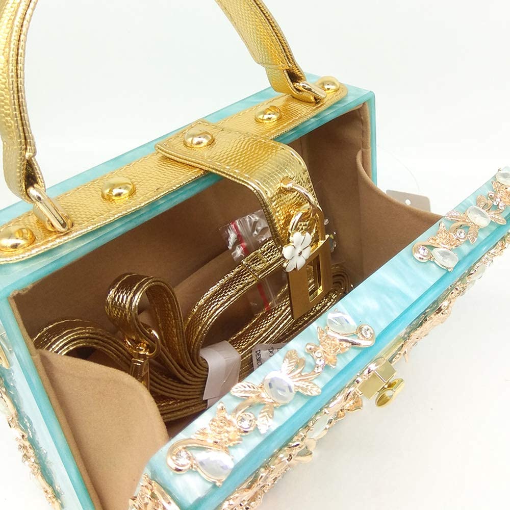 Boutique De FGG Acrylic & Flower Designer Shoulder Bags for Women Crossbody Bag Rhinestones Box Tote Evening Handbags,Small