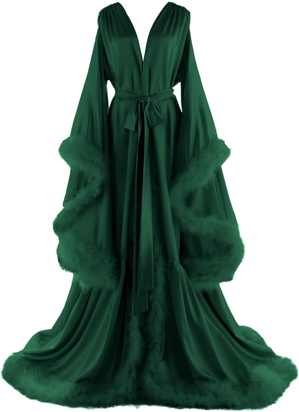 Women's Feather Bridal Robes Old Hollywood Maternity Photoshoot Nightgown Silk Bathrobe Long Lingerie