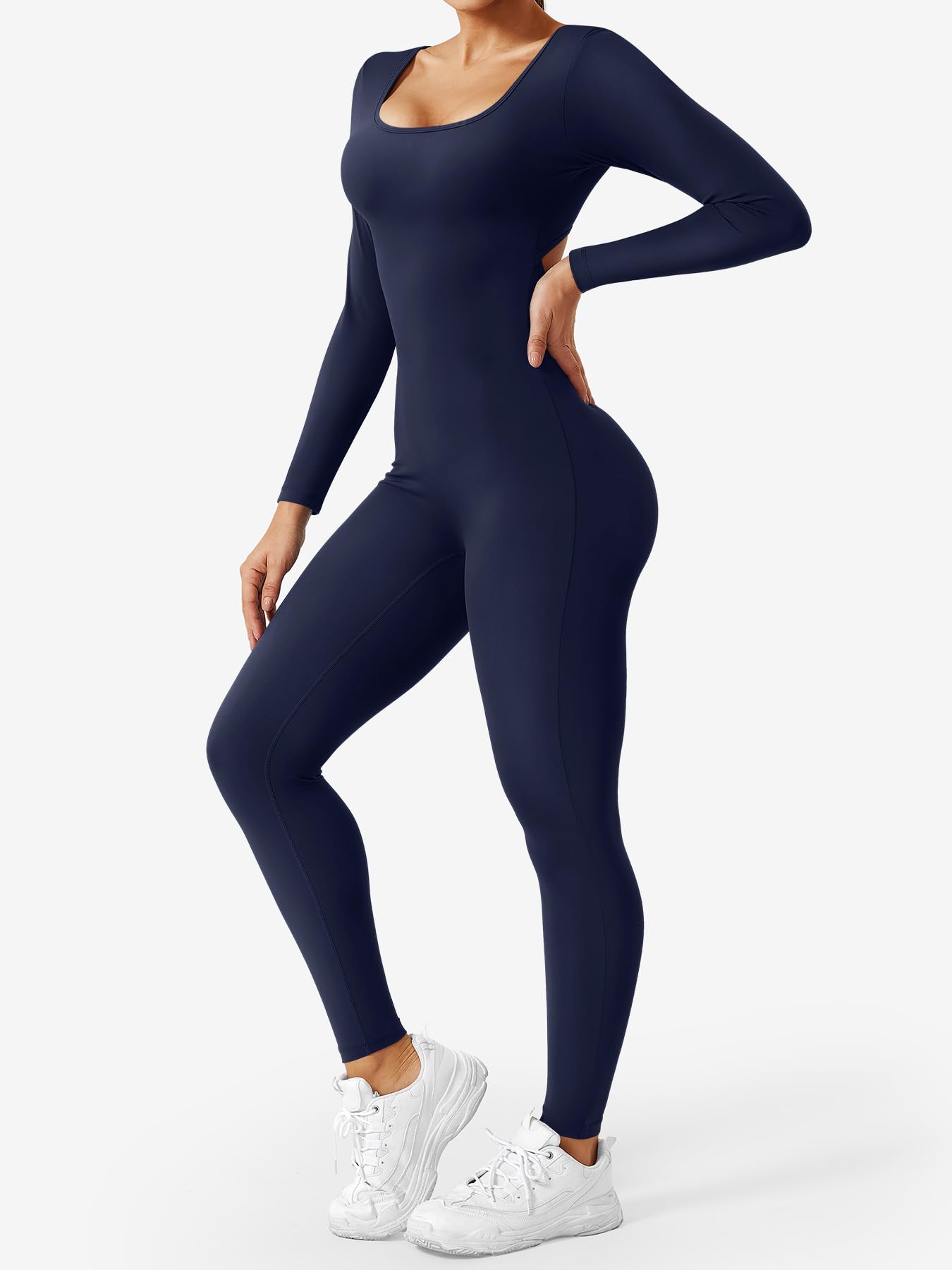YEOREO Long Sleeve Jumpsuits for Women V Back Bodysuit Workout Full Length Bodycon Scrunch Leggings One Piece Romper