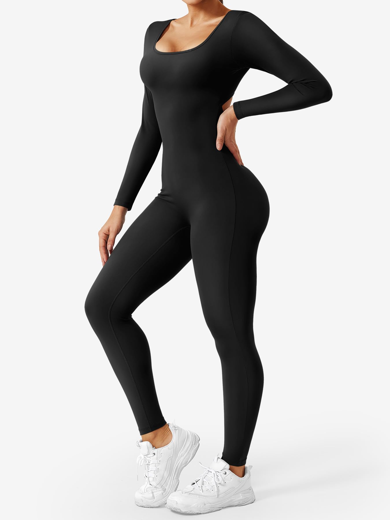 YEOREO Long Sleeve Jumpsuits for Women V Back Bodysuit Workout Full Length Bodycon Scrunch Leggings One Piece Romper