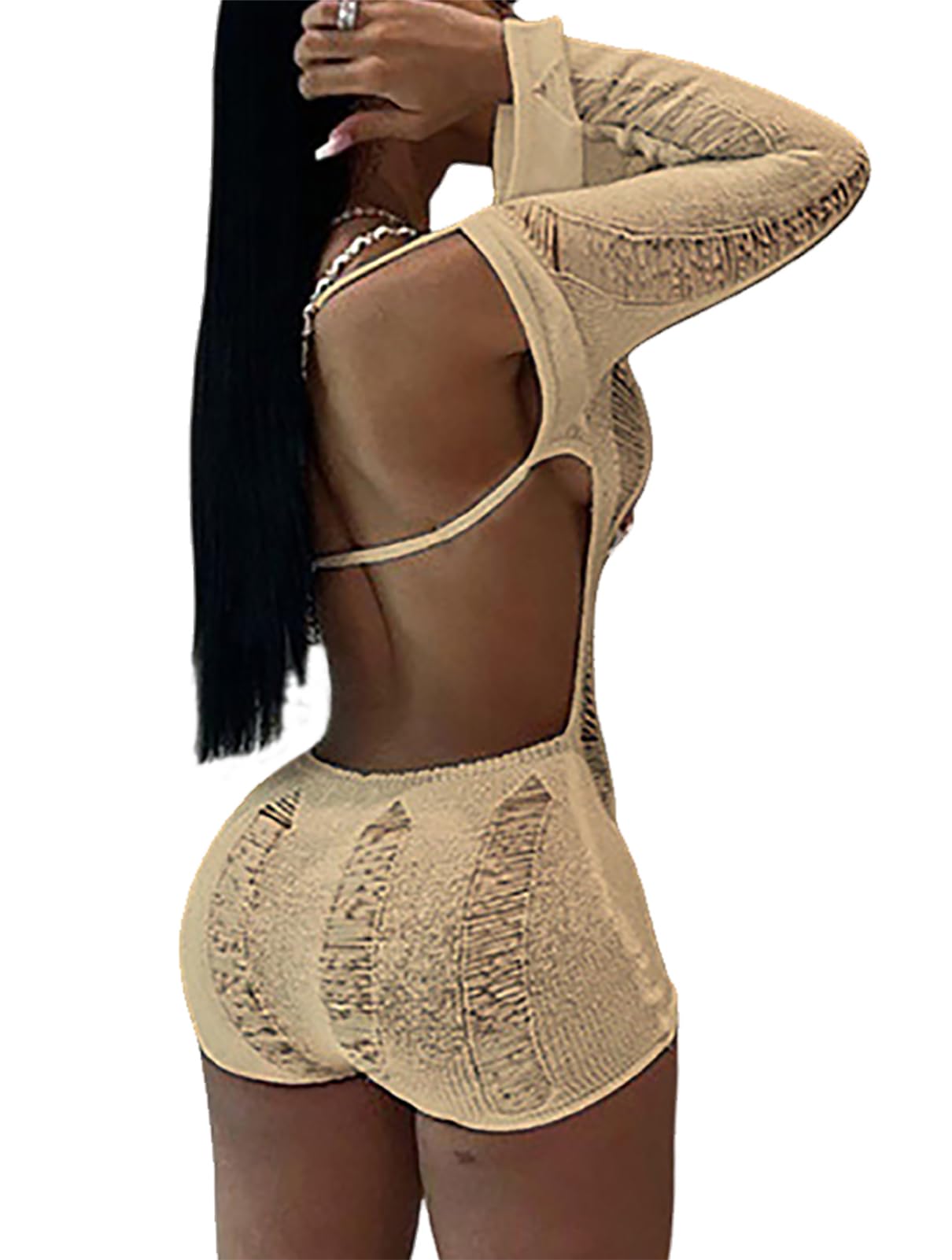 Women Sexy Off Shoulder Crochet Knitted Hollow Out Long Sleeve Romper Backless Bodycon Party Club Night Rompers