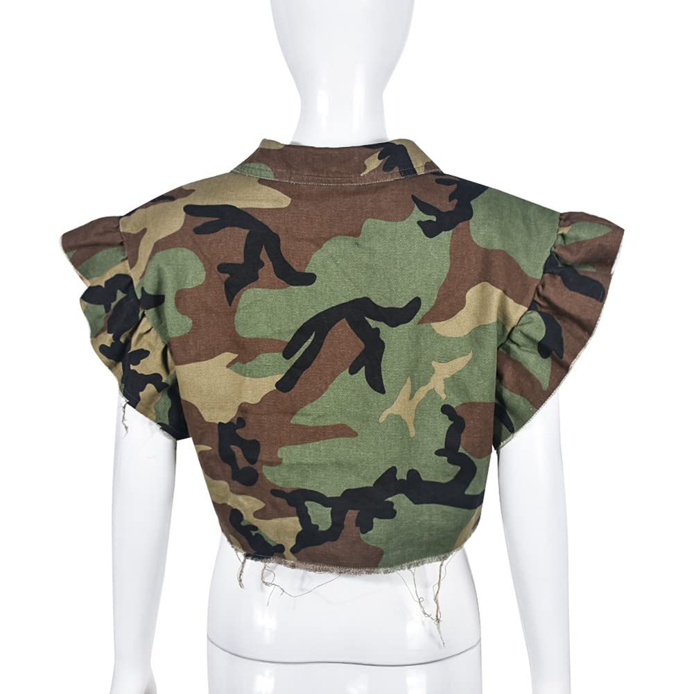 Womens Summer Cute Camo Button Down Cropped Jean Jacket Casual Lapel Outwear Denim Shirts Blouse Top