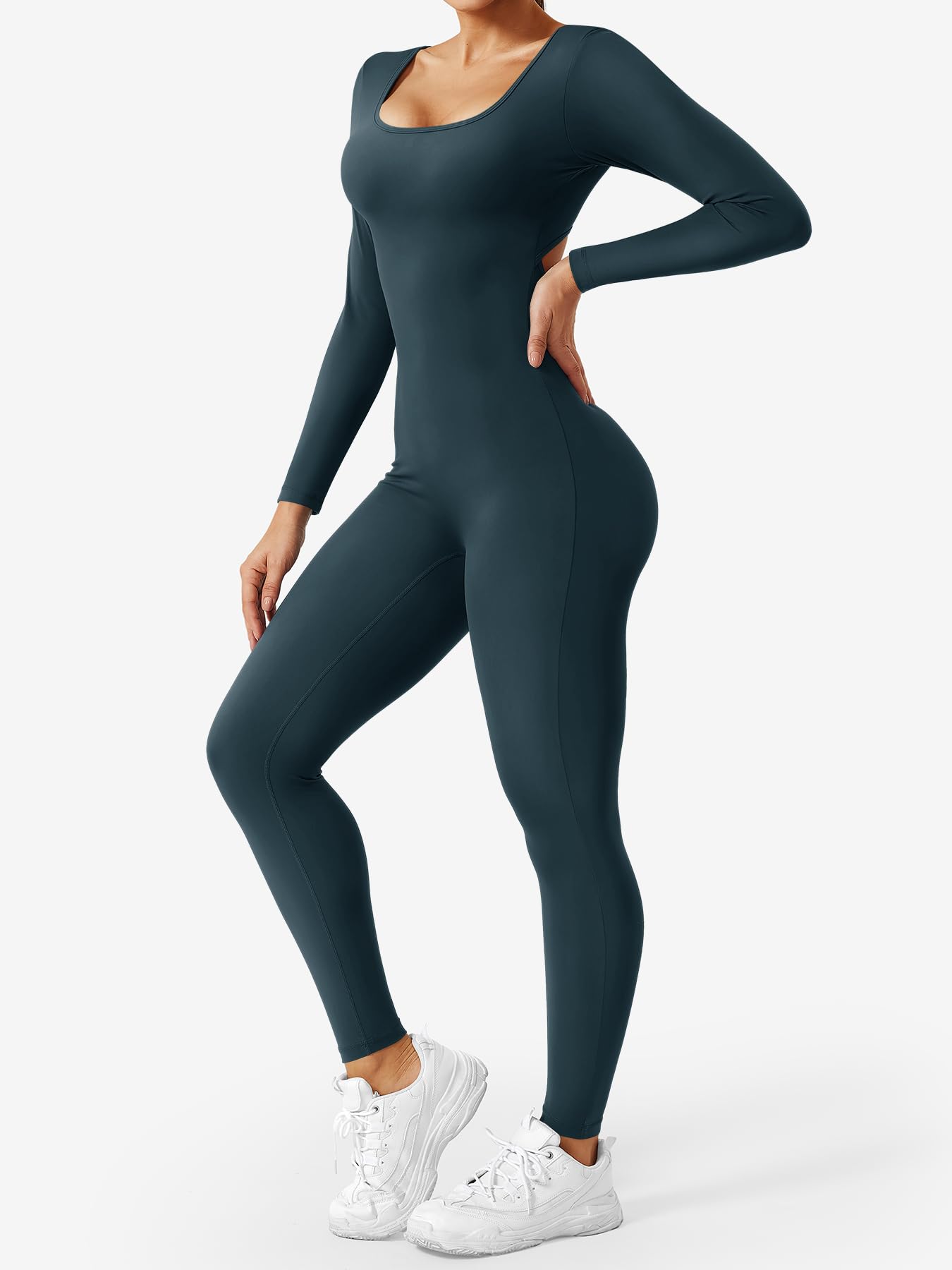 YEOREO Long Sleeve Jumpsuits for Women V Back Bodysuit Workout Full Length Bodycon Scrunch Leggings One Piece Romper