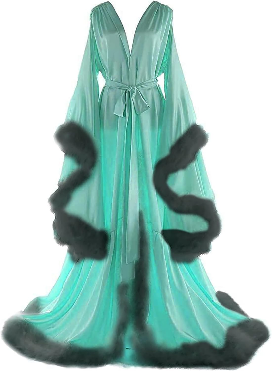 Women's Feather Bridal Robes Old Hollywood Maternity Photoshoot Nightgown Silk Bathrobe Long Lingerie