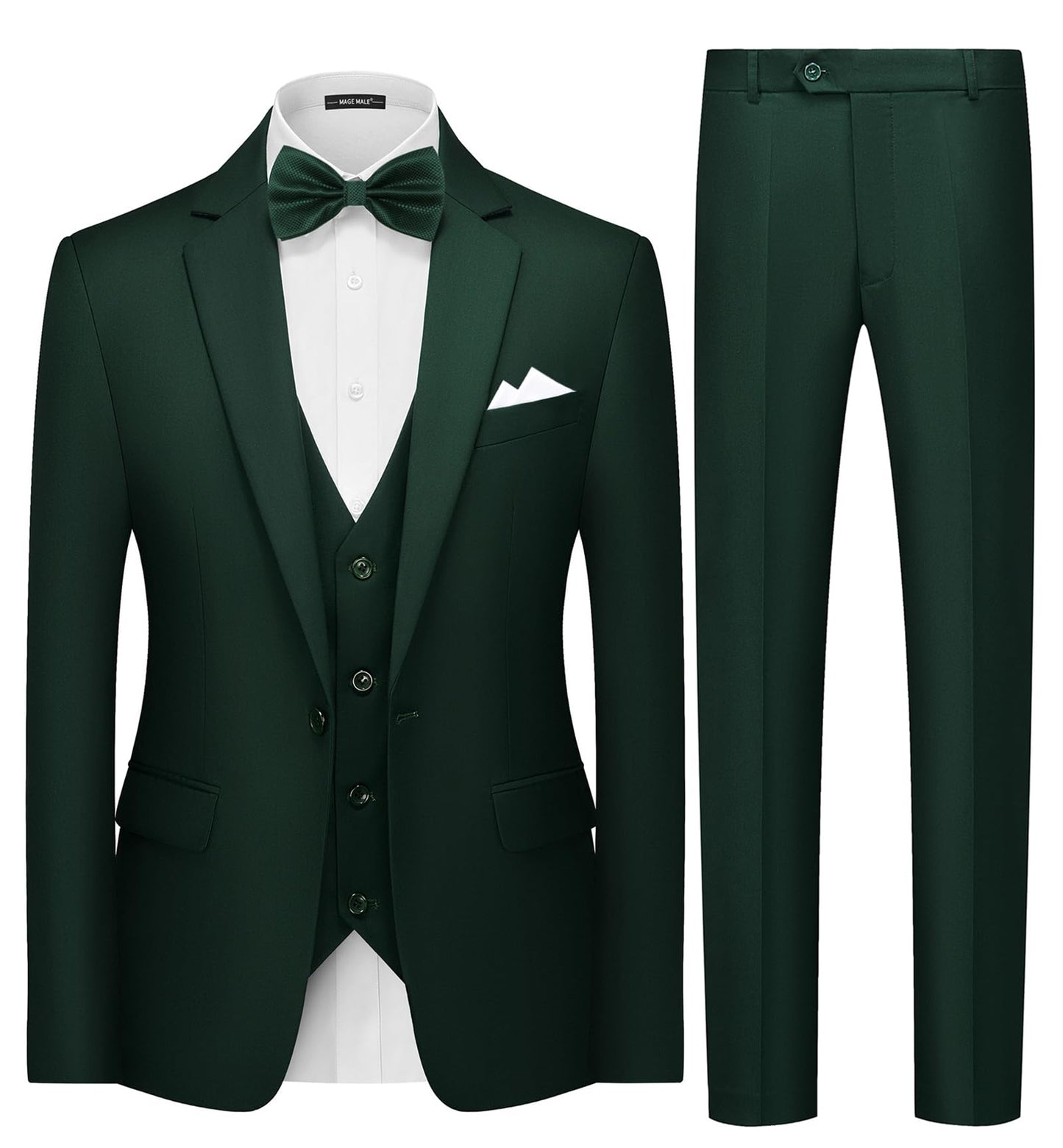 MAGE MALE Mens 3 Piece Suits Slim Fit Tuxedo Suit Set Soild Prom Wedding Suits One Button Blazer Vest Pants Set with Bow Tie