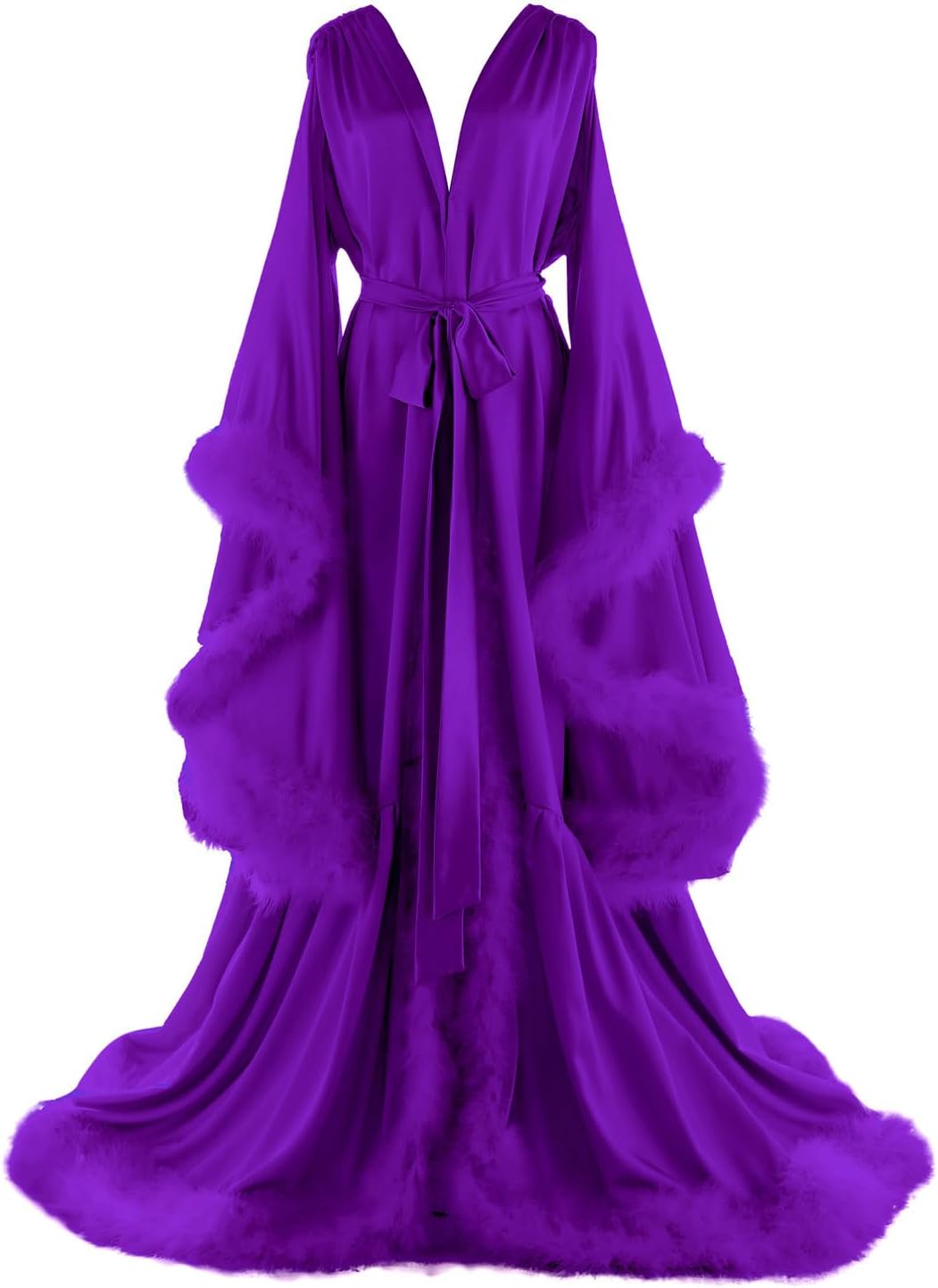 Women's Feather Bridal Robes Old Hollywood Maternity Photoshoot Nightgown Silk Bathrobe Long Lingerie