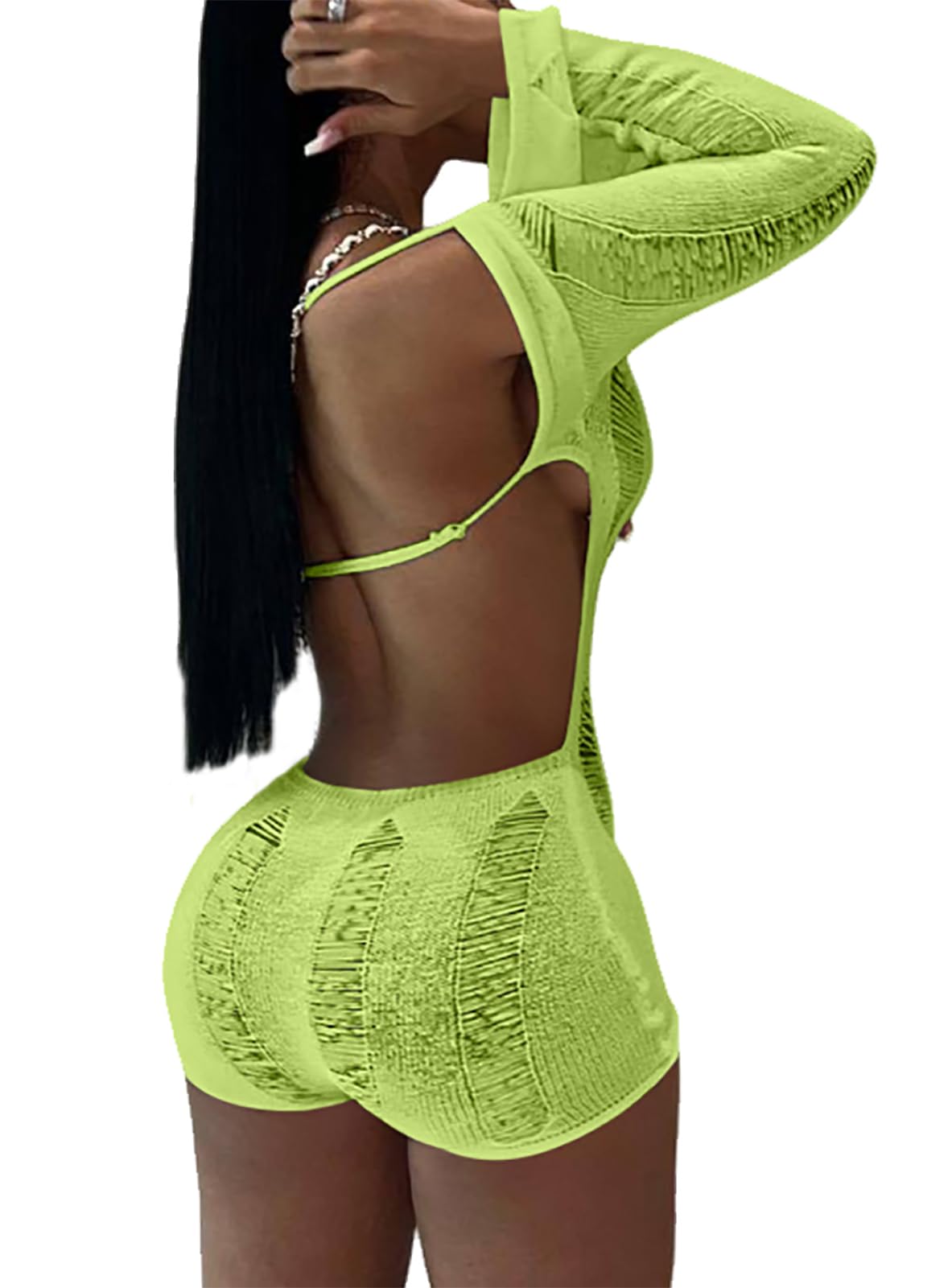 Women Sexy Off Shoulder Crochet Knitted Hollow Out Long Sleeve Romper Backless Bodycon Party Club Night Rompers