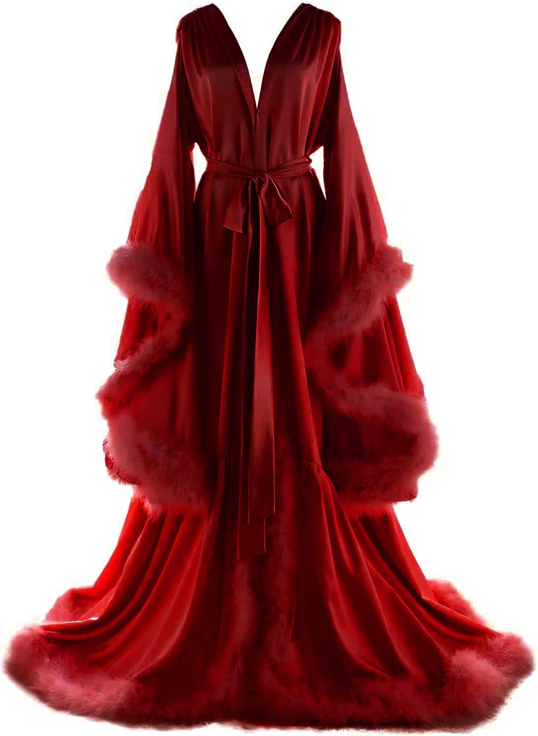 Women's Feather Bridal Robes Old Hollywood Maternity Photoshoot Nightgown Silk Bathrobe Long Lingerie