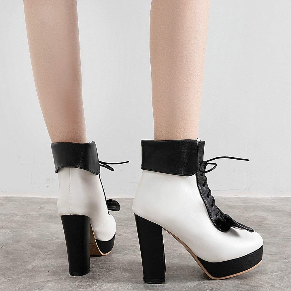Parisuit Womens Dress Kawaii Boots Chunky High Heel Platform Ankle Booties Lace Up Sweet Bow Shoes
