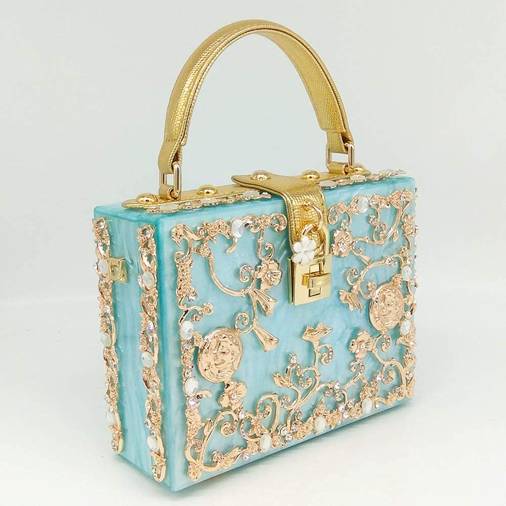 Boutique De FGG Acrylic & Flower Designer Shoulder Bags for Women Crossbody Bag Rhinestones Box Tote Evening Handbags,Small