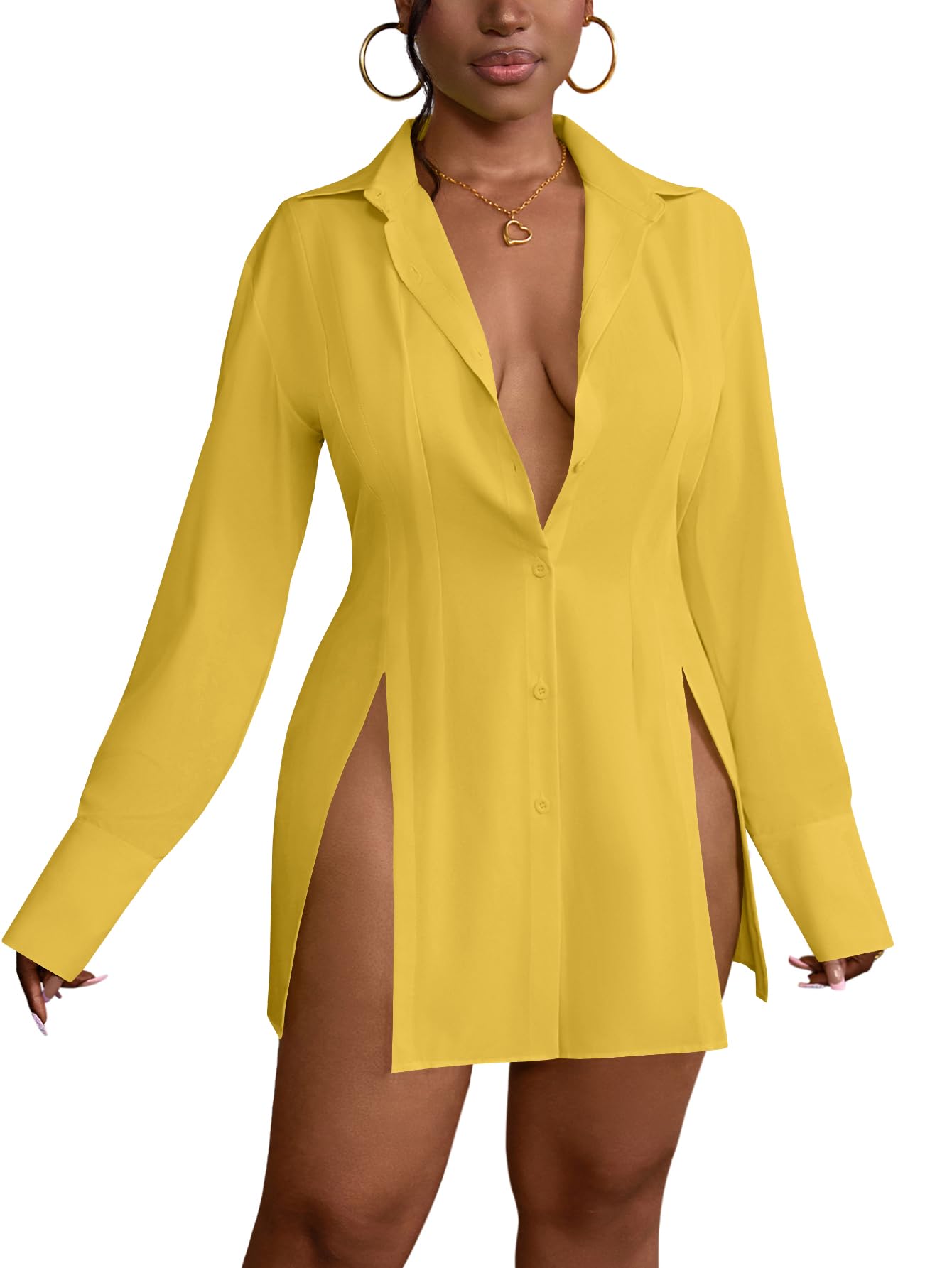LYANER Women's Button Down Shirt Dress Collar V Neck Long Sleeve Slit Sexy Shirt Dresses