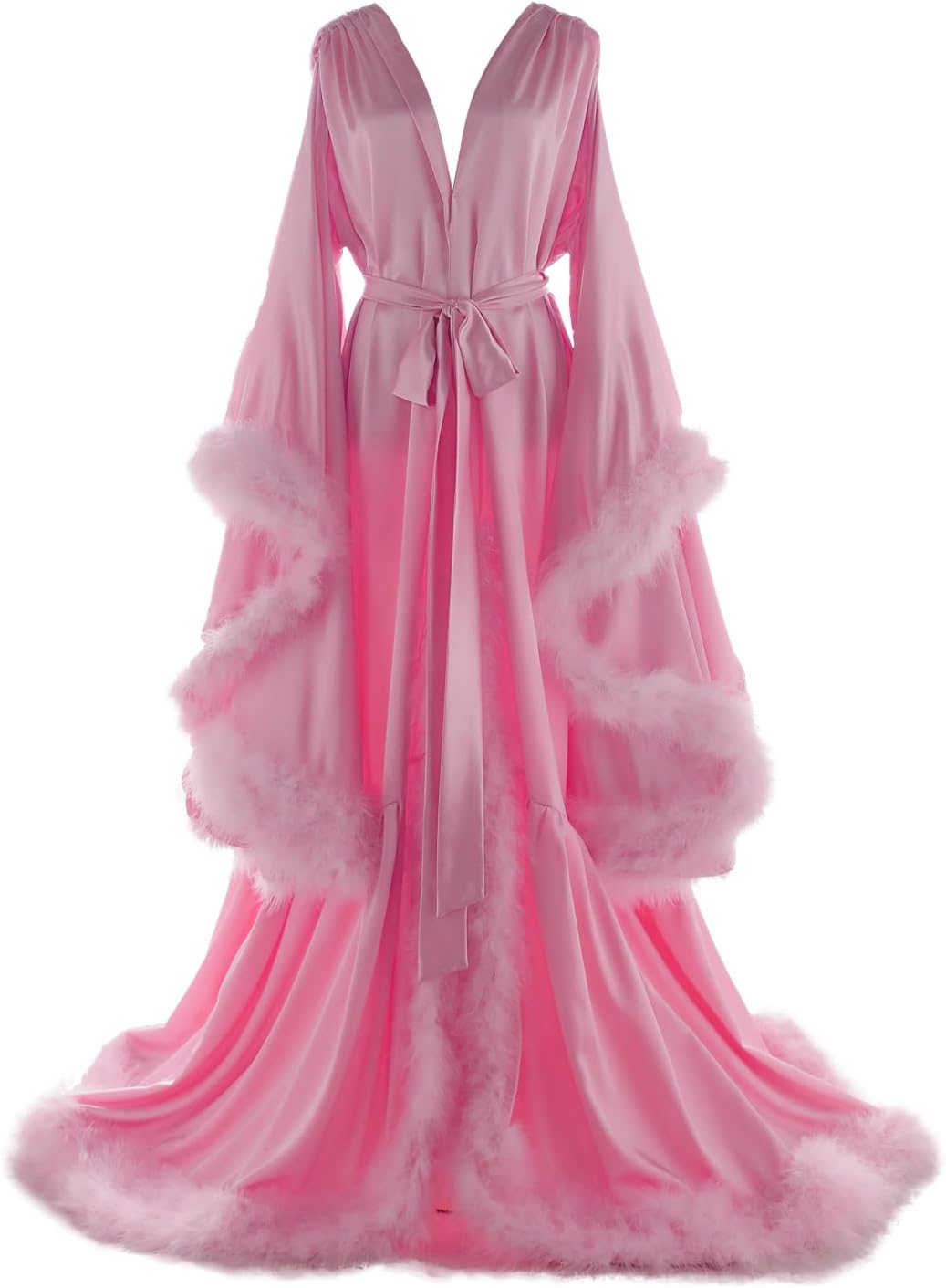Women's Feather Bridal Robes Old Hollywood Maternity Photoshoot Nightgown Silk Bathrobe Long Lingerie