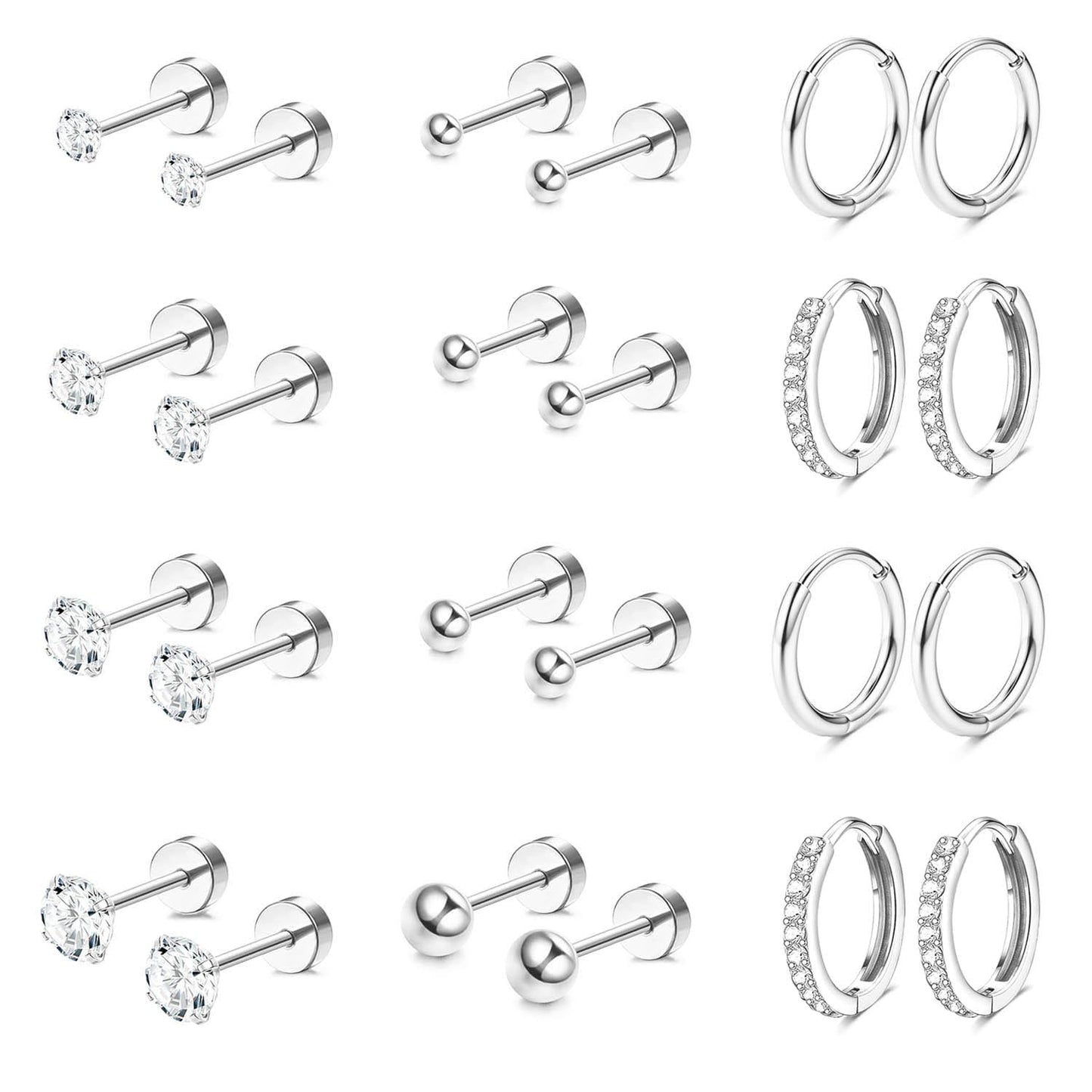 Jstyle Hypoallergenic Surgical Steel Earrings for Sensitive Ears 14K Gold Flat Back Earrings for Women Men Small Stainless Steel Earrings Flatback Stud Hoop Cartilage Earring Set for Multiple Piercing