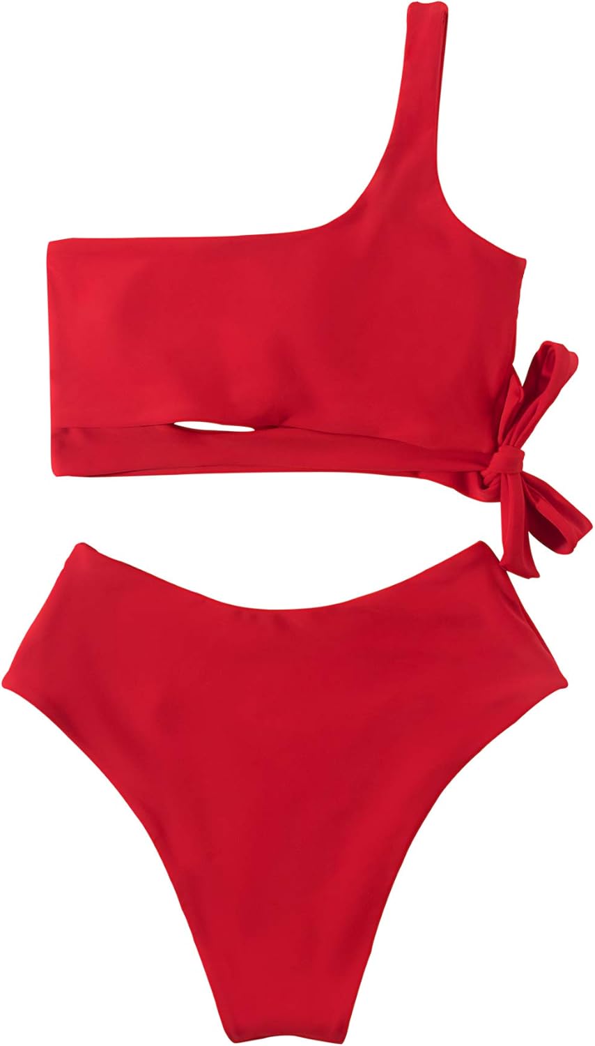 MOOSLOVER Women One Shoulder High Waisted Bikini Tie High Cut Two Piece Swimsuits