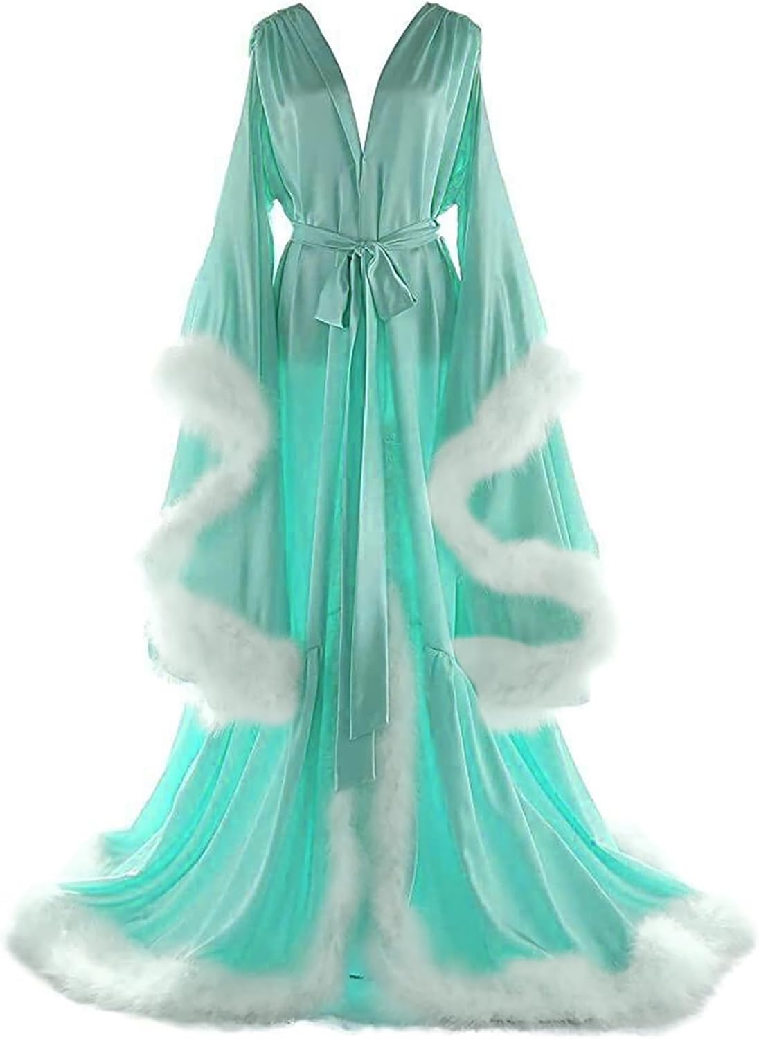 Women's Feather Bridal Robes Old Hollywood Maternity Photoshoot Nightgown Silk Bathrobe Long Lingerie