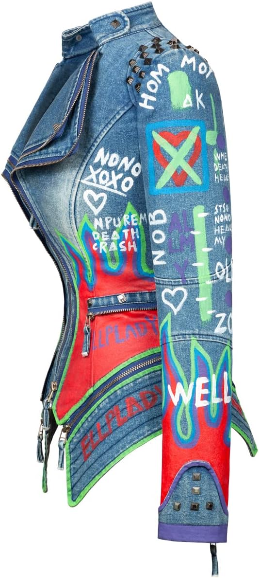 FUYUAN Women's fashion studs perfectly shaped artificial leather jacket graffiti punk motorcycle jacket