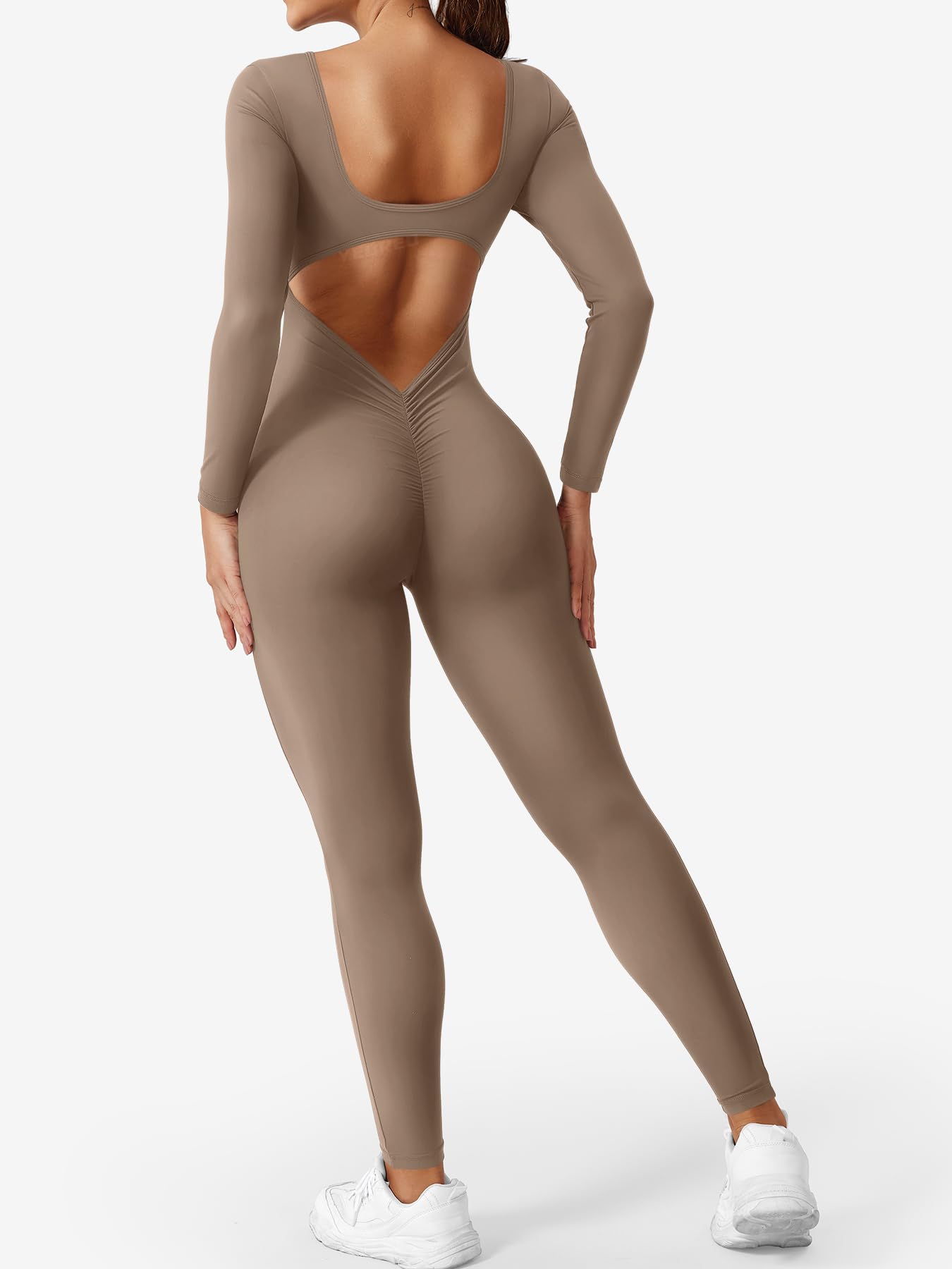 YEOREO Long Sleeve Jumpsuits for Women V Back Bodysuit Workout Full Length Bodycon Scrunch Leggings One Piece Romper