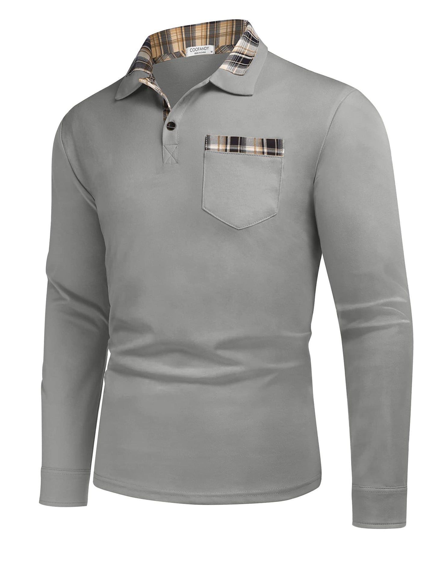 COOFANDY Men's Casual Polo Shirt Long Sleeve Classic Plaid Button Tees with Pockets