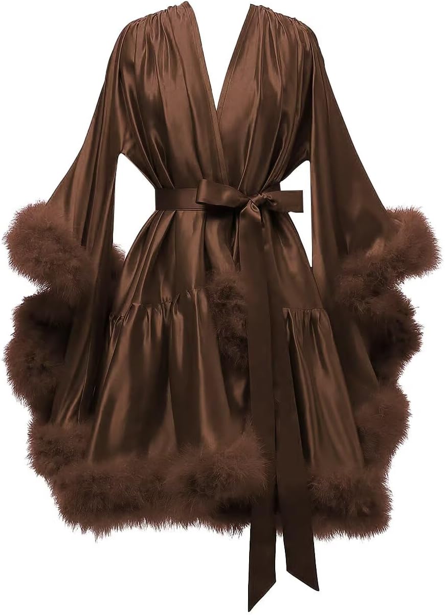 Yexinbridal Feather Fur Robe Silk Satin Bridal Dressing Gown Sexy Illusion Lingerie Nightgown Bathrobe Sleepwear