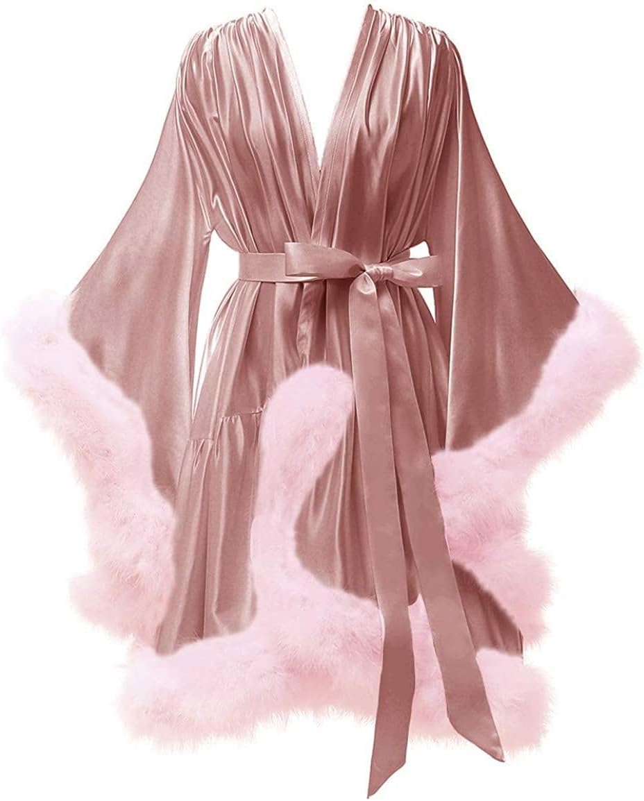 Yexinbridal Feather Fur Robe Silk Satin Bridal Dressing Gown Sexy Illusion Lingerie Nightgown Bathrobe Sleepwear