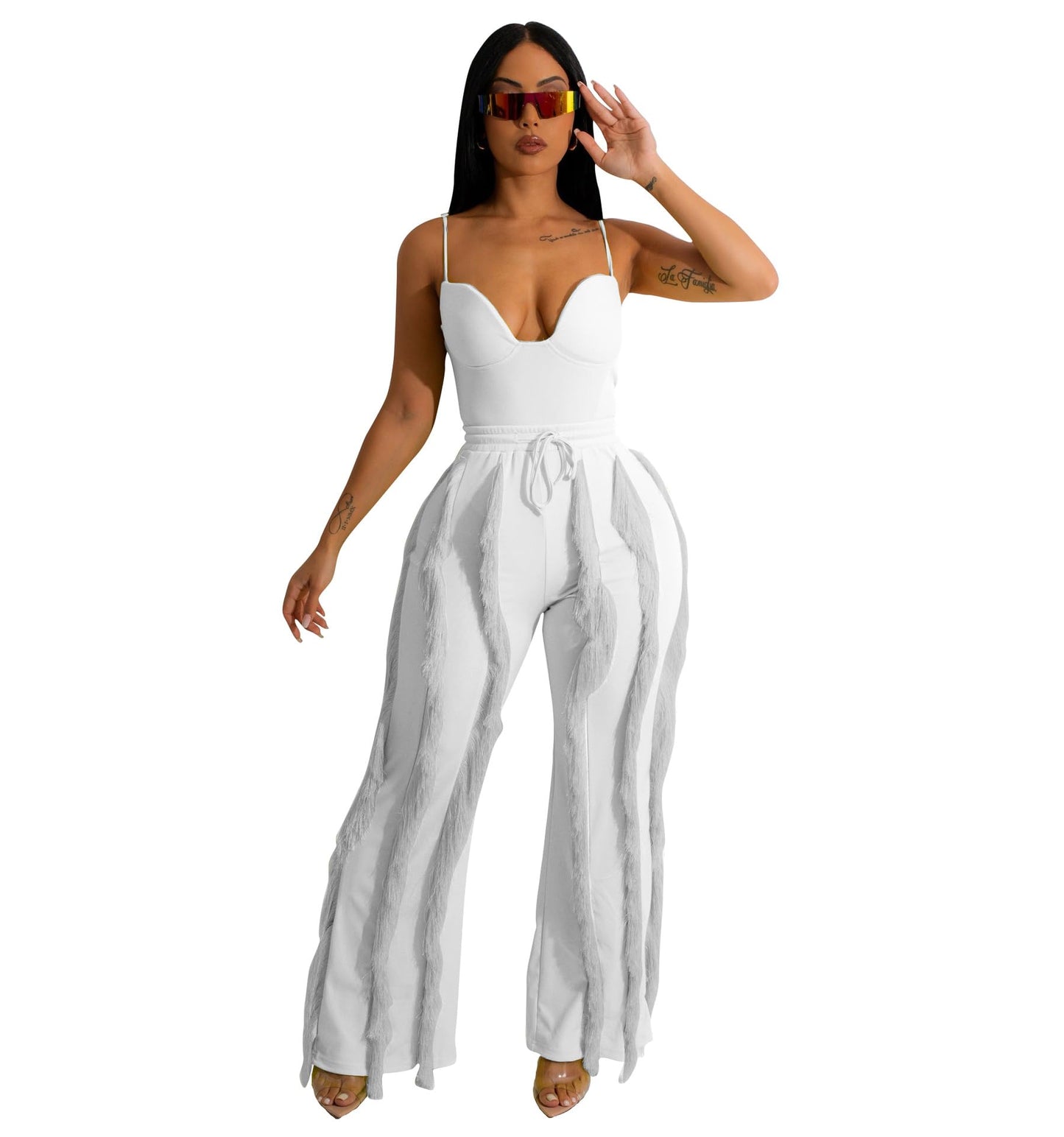 PRIVIMIX Women 2 Piece Outfits Fringe Tassel Long Pants Set Adjustable Suspenders Bodysuit Spaghetti Strap Clubwear Jumpsuits