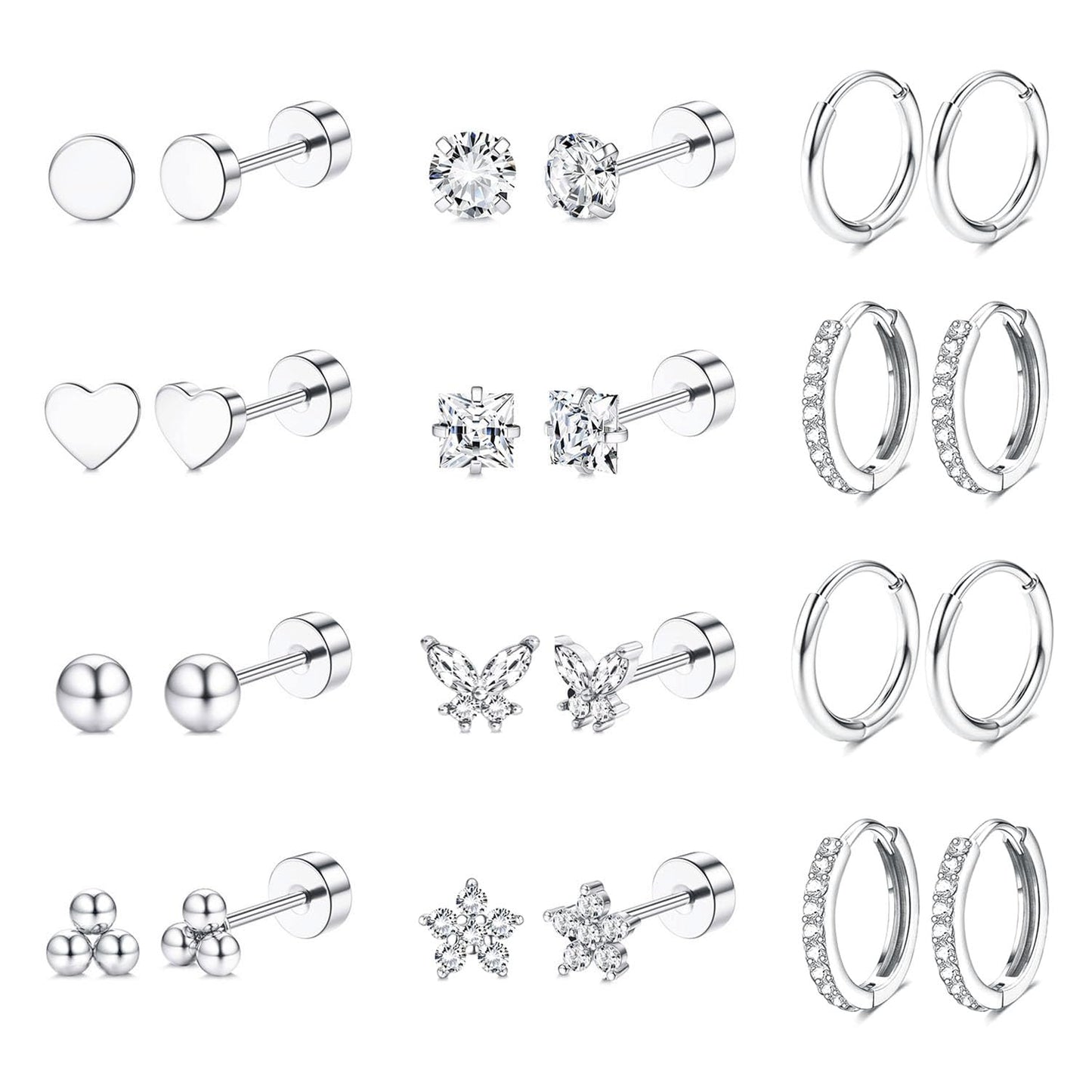 Jstyle Hypoallergenic Surgical Steel Earrings for Sensitive Ears 14K Gold Flat Back Earrings for Women Men Small Stainless Steel Earrings Flatback Stud Hoop Cartilage Earring Set for Multiple Piercing