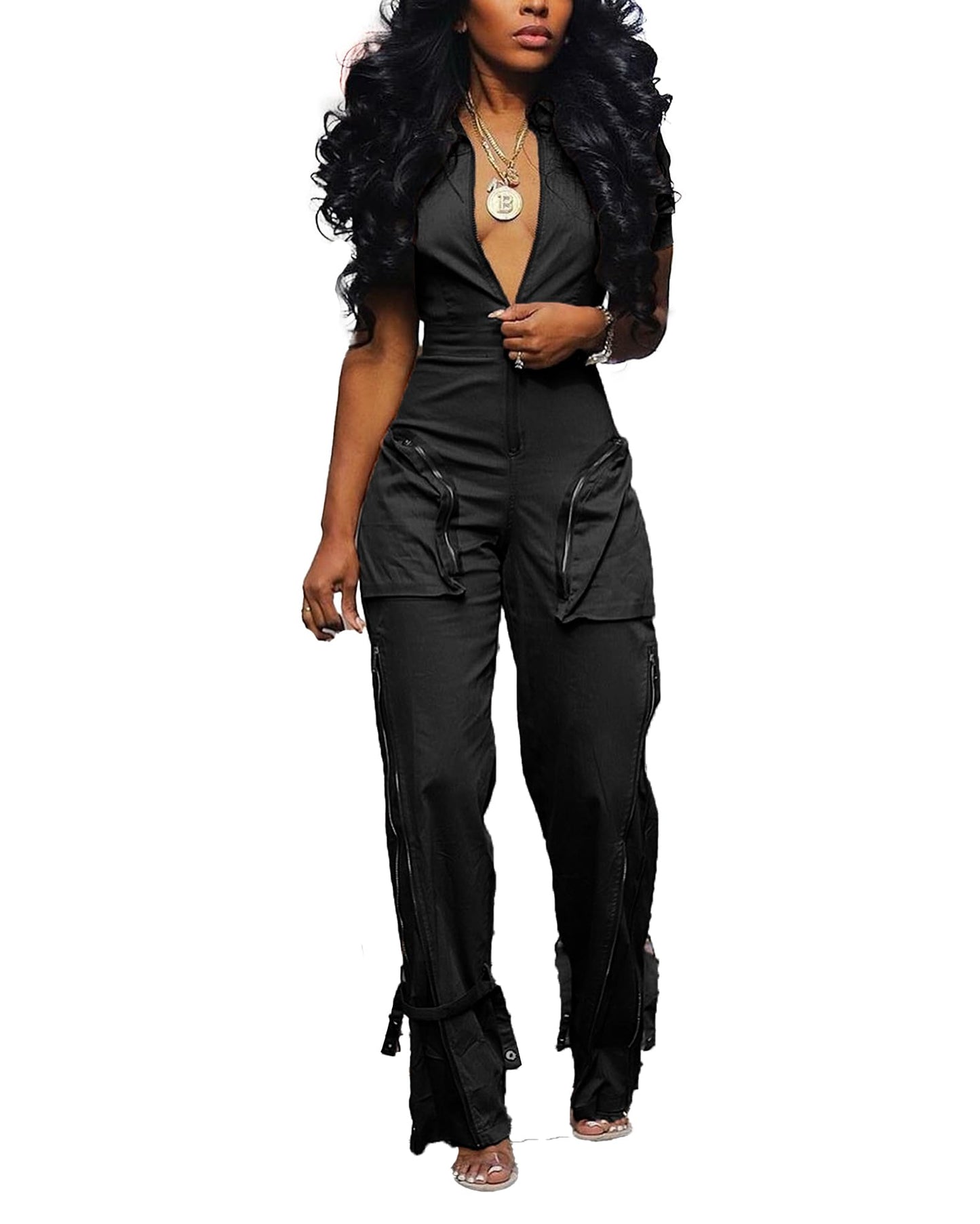 LKOUS Cargo Jumpsuits for Women Dressy, Sexy Short Sleeves V Neck Zipper One Piece Outfits with Pockets