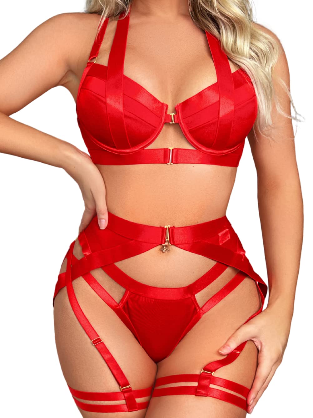 Kaei&Shi Strappy Harness, All Adjustable, Underwire Racerback, 4pc Garter Set