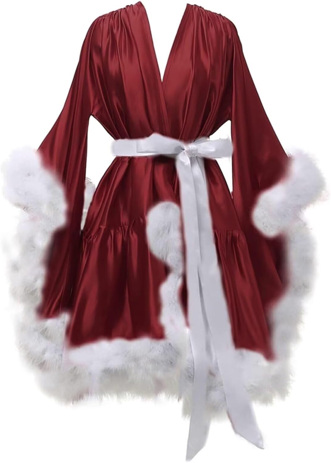 Yexinbridal Feather Fur Robe Silk Satin Bridal Dressing Gown Sexy Illusion Lingerie Nightgown Bathrobe Sleepwear
