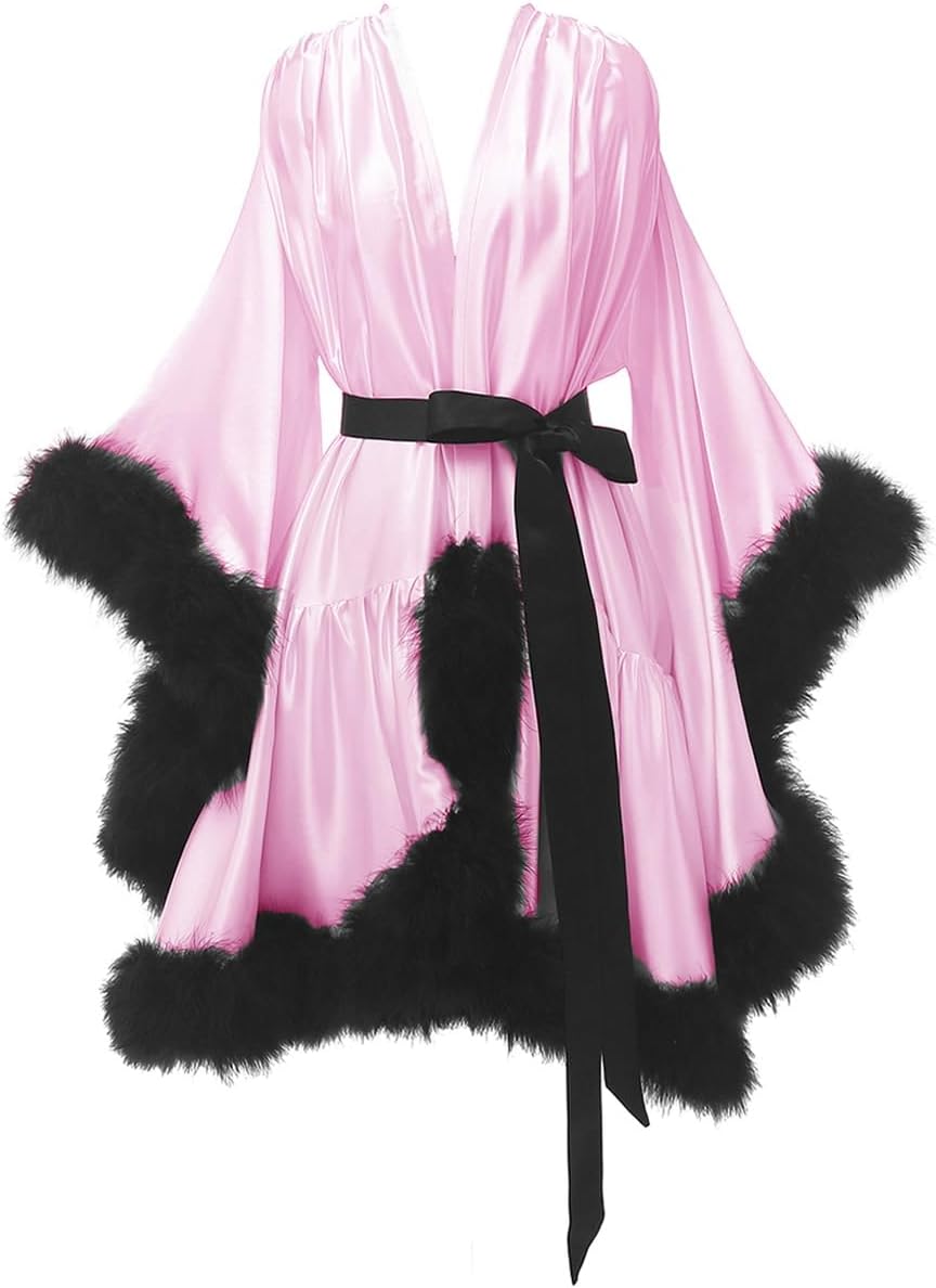 Yexinbridal Feather Fur Robe Silk Satin Bridal Dressing Gown Sexy Illusion Lingerie Nightgown Bathrobe Sleepwear