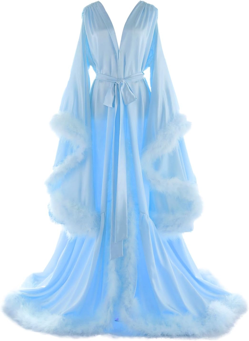 Women's Feather Bridal Robes Old Hollywood Maternity Photoshoot Nightgown Silk Bathrobe Long Lingerie