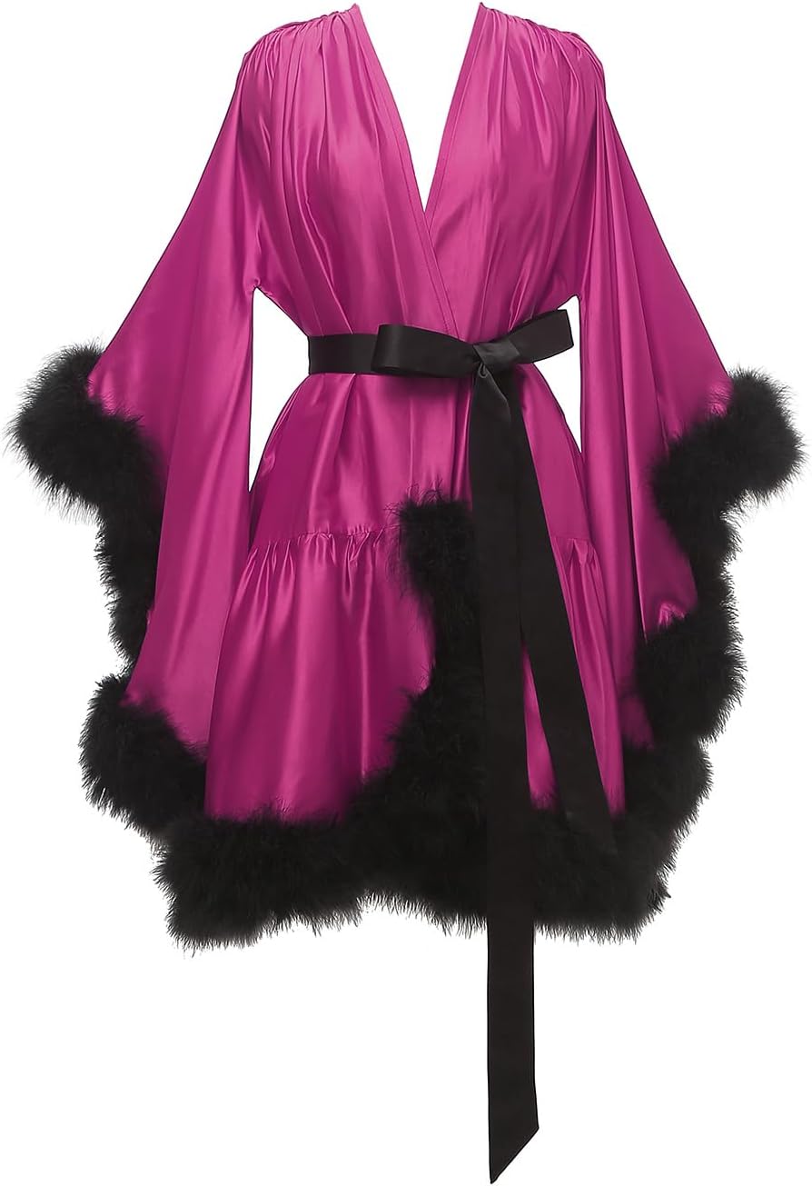 Yexinbridal Feather Fur Robe Silk Satin Bridal Dressing Gown Sexy Illusion Lingerie Nightgown Bathrobe Sleepwear