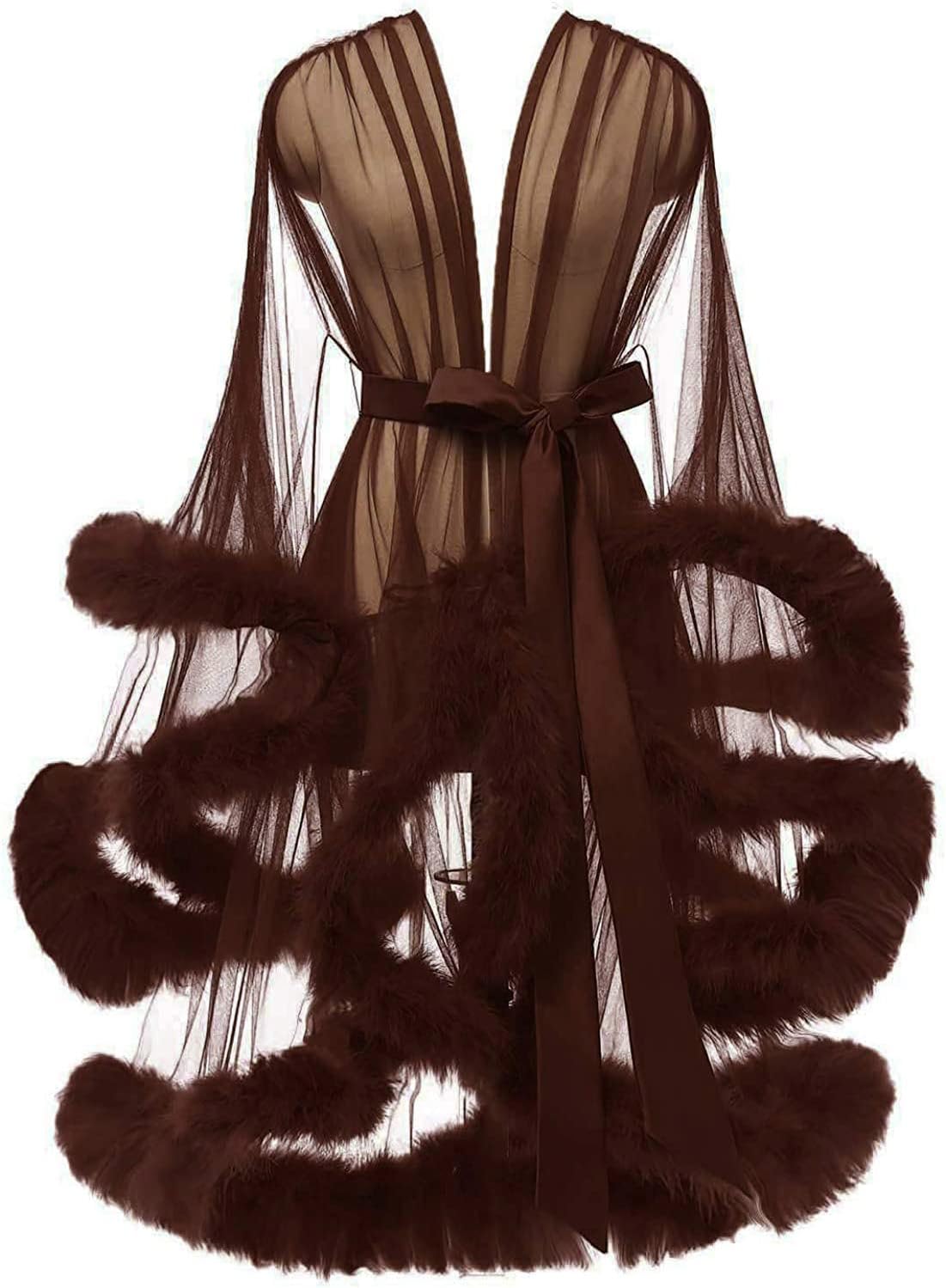 Tulle Feather Robe Sexy Sheer Mesh Fur Bridal Illusion Boudoir Bathrobe Nightgown Christmas Lingerie
