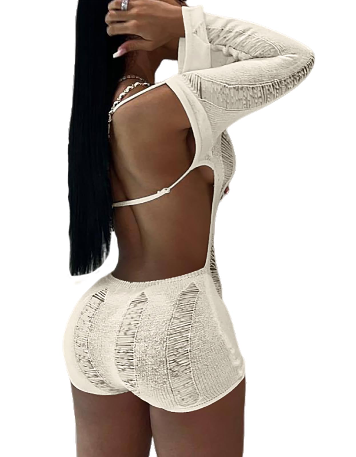Women Sexy Off Shoulder Crochet Knitted Hollow Out Long Sleeve Romper Backless Bodycon Party Club Night Rompers