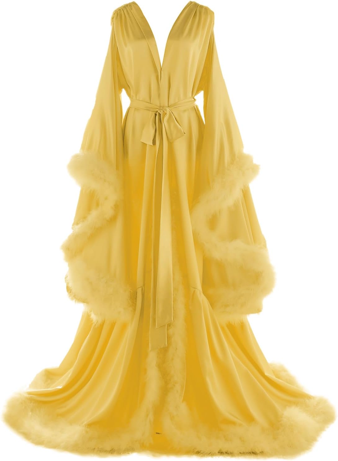 Women's Feather Bridal Robes Old Hollywood Maternity Photoshoot Nightgown Silk Bathrobe Long Lingerie