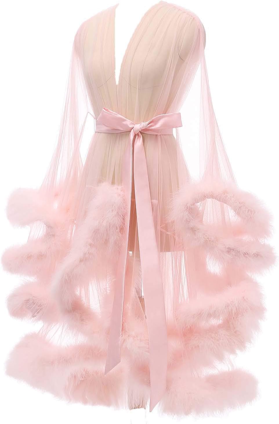 Tulle Feather Robe Sexy Sheer Mesh Fur Bridal Illusion Boudoir Bathrobe Nightgown Christmas Lingerie