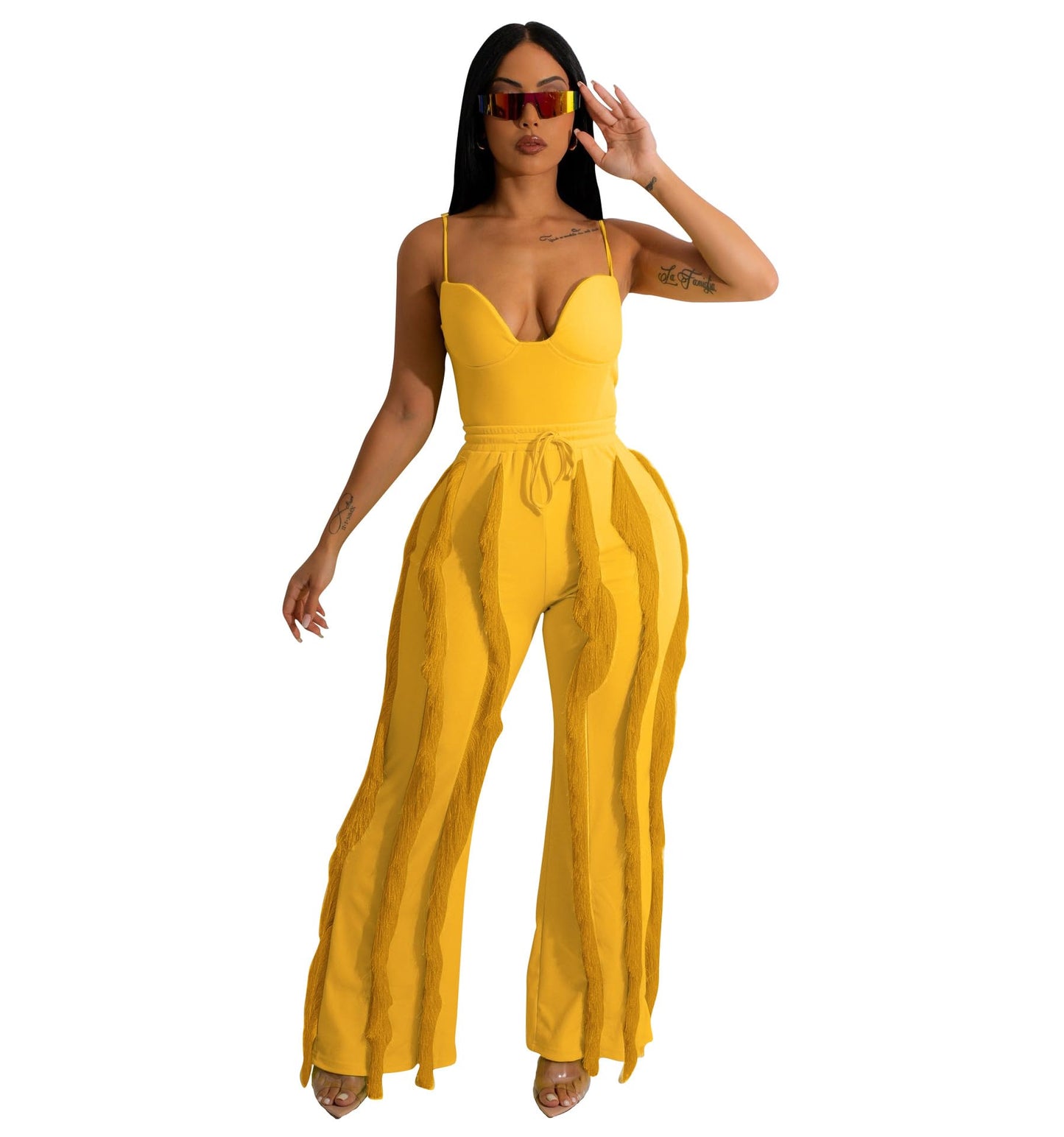 PRIVIMIX Women 2 Piece Outfits Fringe Tassel Long Pants Set Adjustable Suspenders Bodysuit Spaghetti Strap Clubwear Jumpsuits