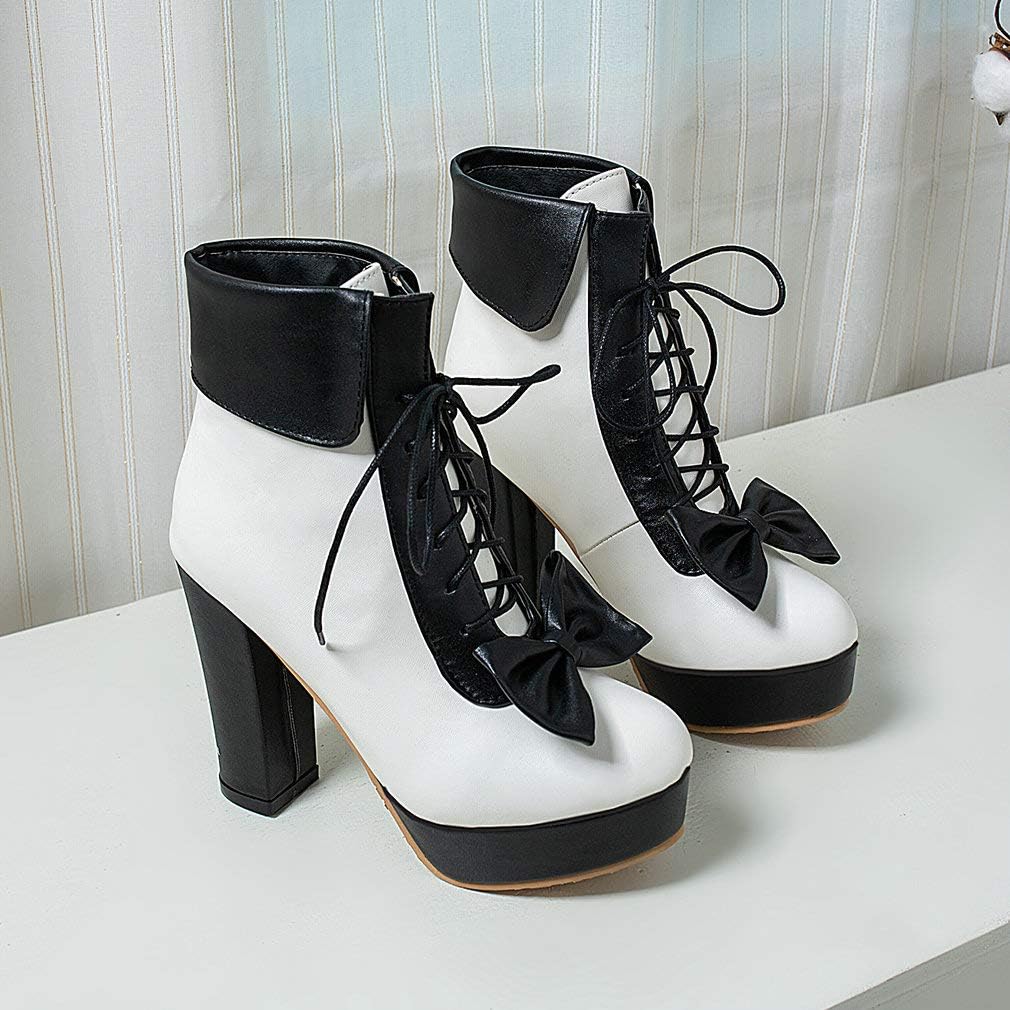Parisuit Womens Dress Kawaii Boots Chunky High Heel Platform Ankle Booties Lace Up Sweet Bow Shoes