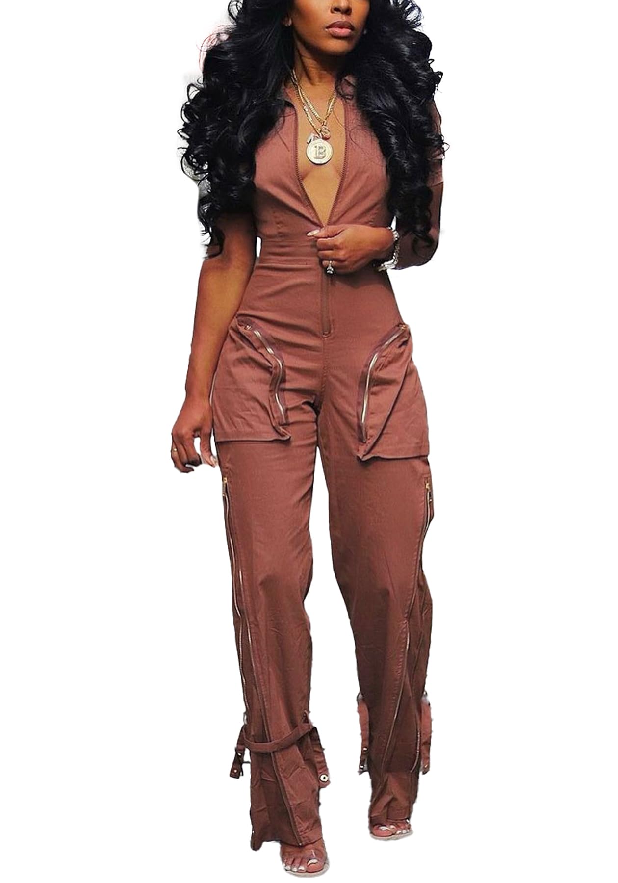 LKOUS Cargo Jumpsuits for Women Dressy, Sexy Short Sleeves V Neck Zipper One Piece Outfits with Pockets